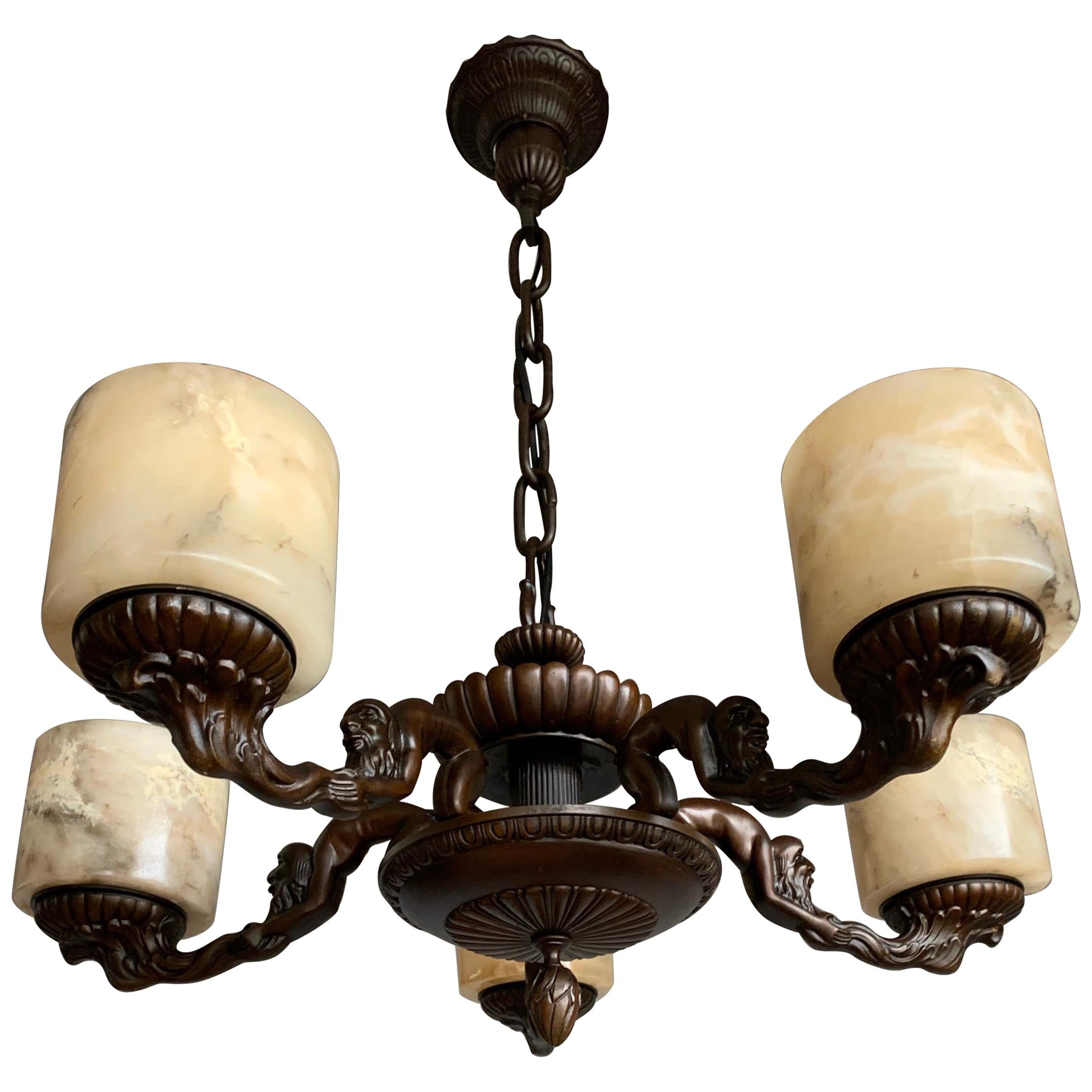 Unique Art Deco Alabaster and Bronze Chandelier with Wizard Like Sculptures For Sale