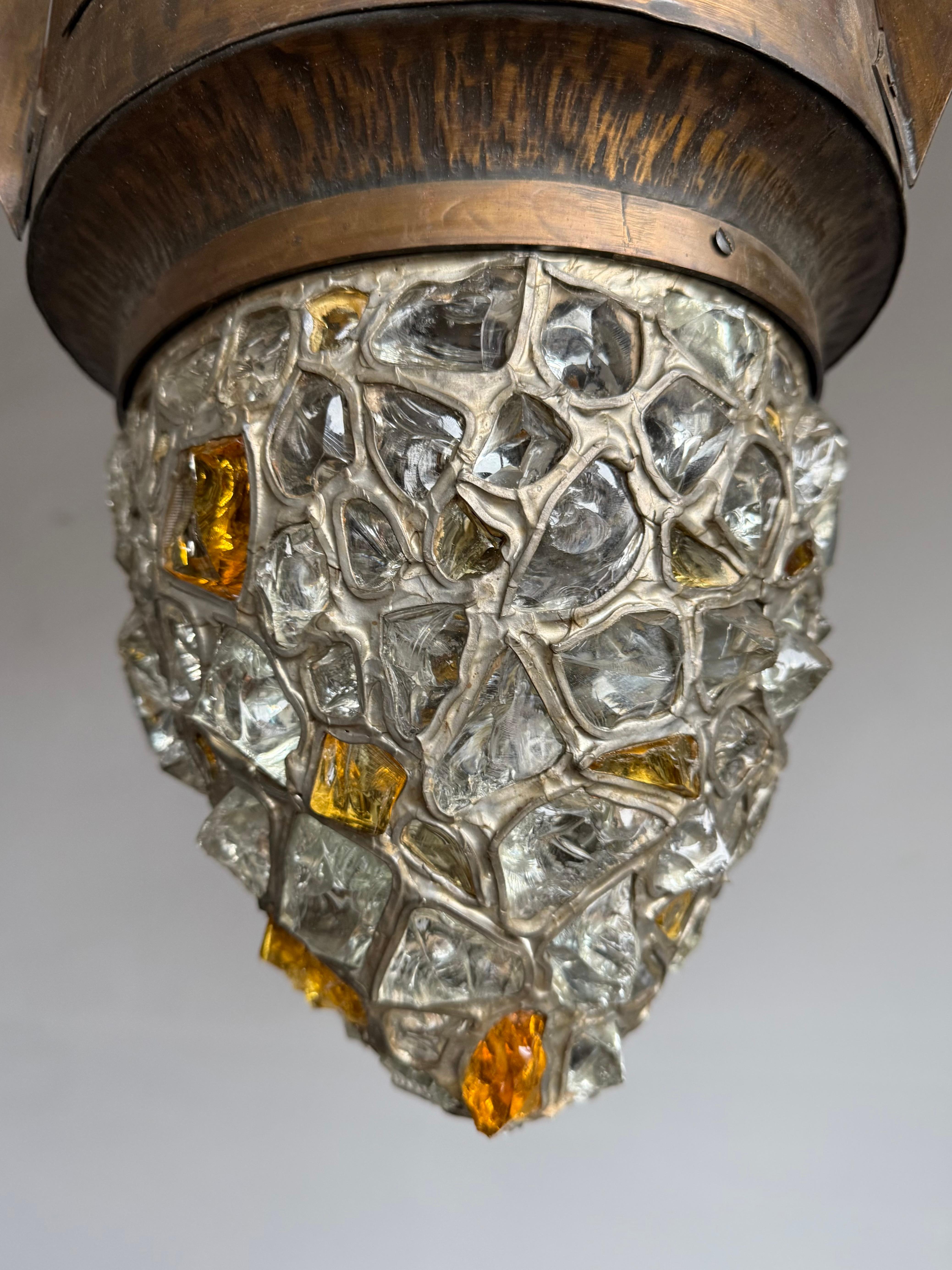 Unique Large Arts & Crafts Brass Pendant Light with Glass Mosaic Shades 1910 For Sale 4