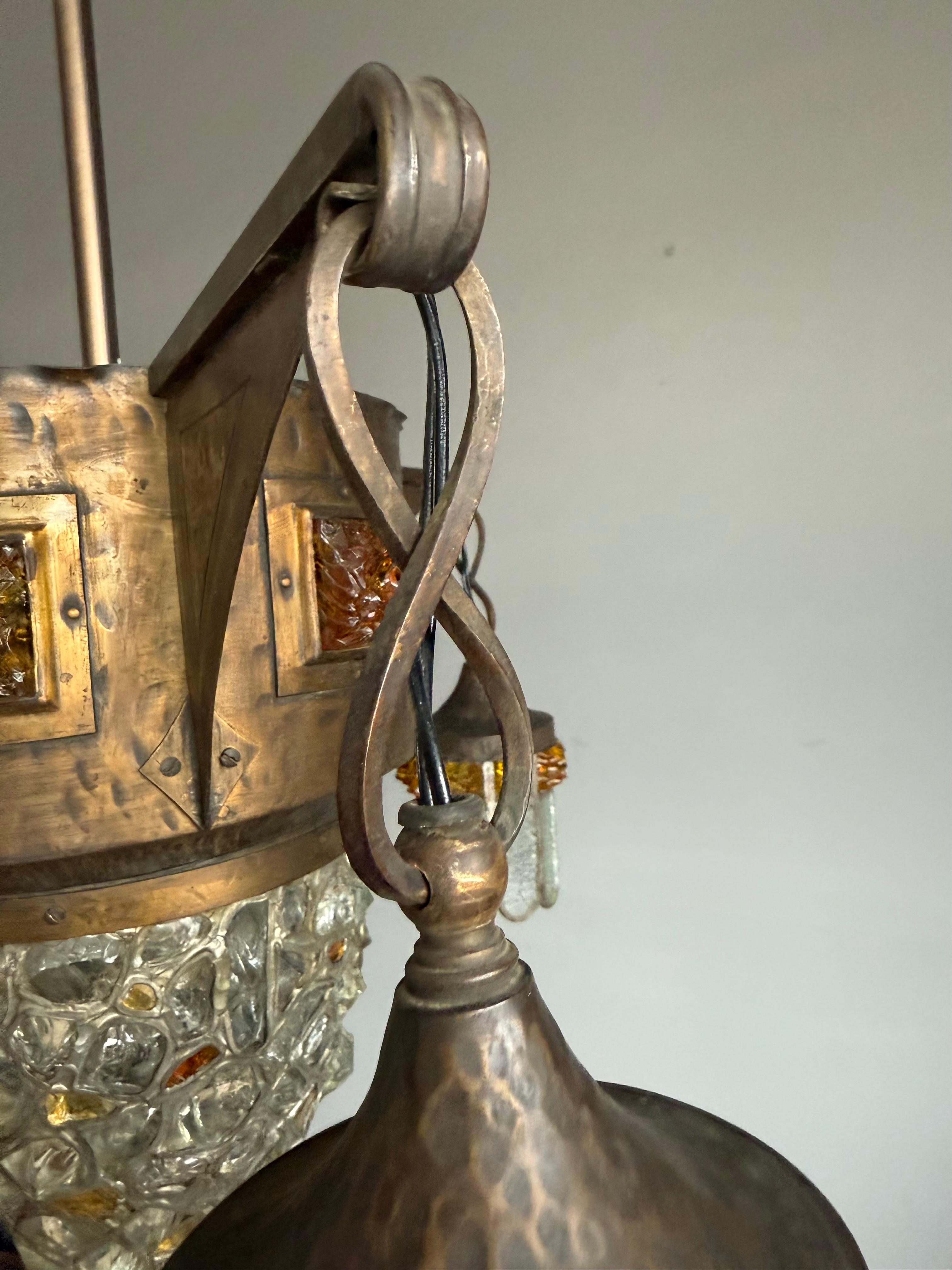 Unique Large Arts & Crafts Brass Pendant Light with Glass Mosaic Shades 1910 For Sale 5