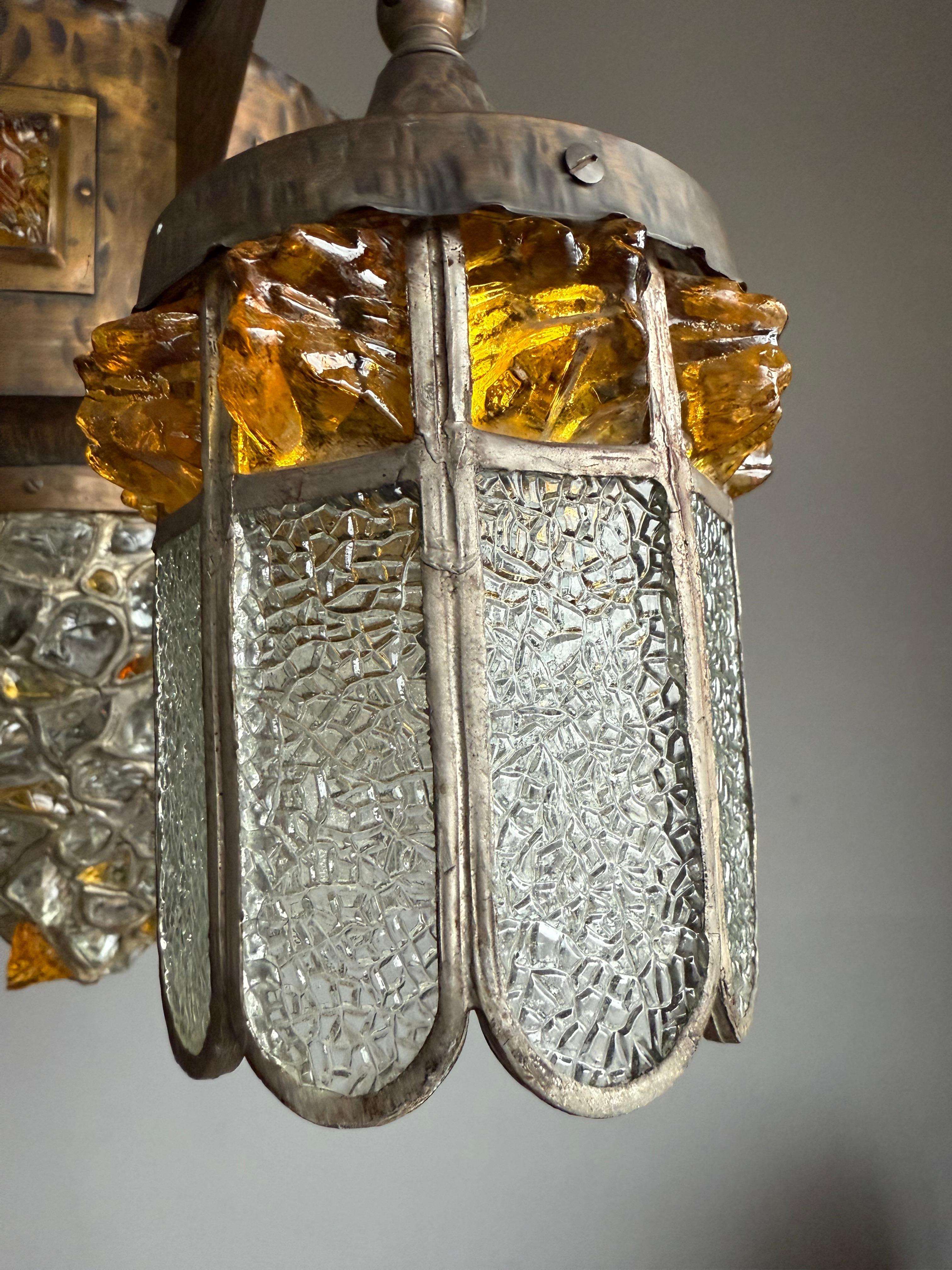 Unique Large Arts & Crafts Brass Pendant Light with Glass Mosaic Shades 1910 For Sale 6