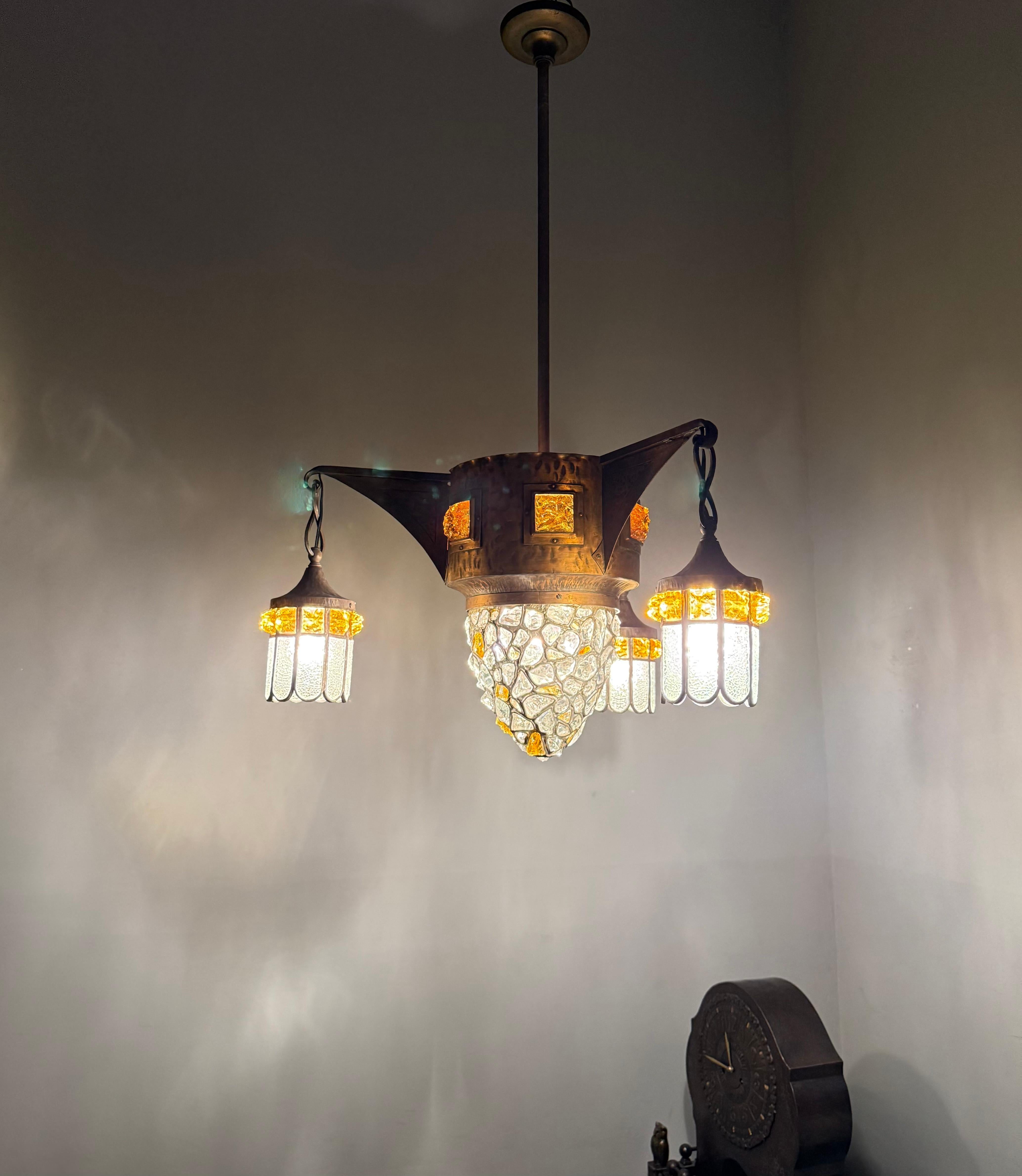 Unique Large Arts & Crafts Brass Pendant Light with Glass Mosaic Shades 1910 For Sale 7