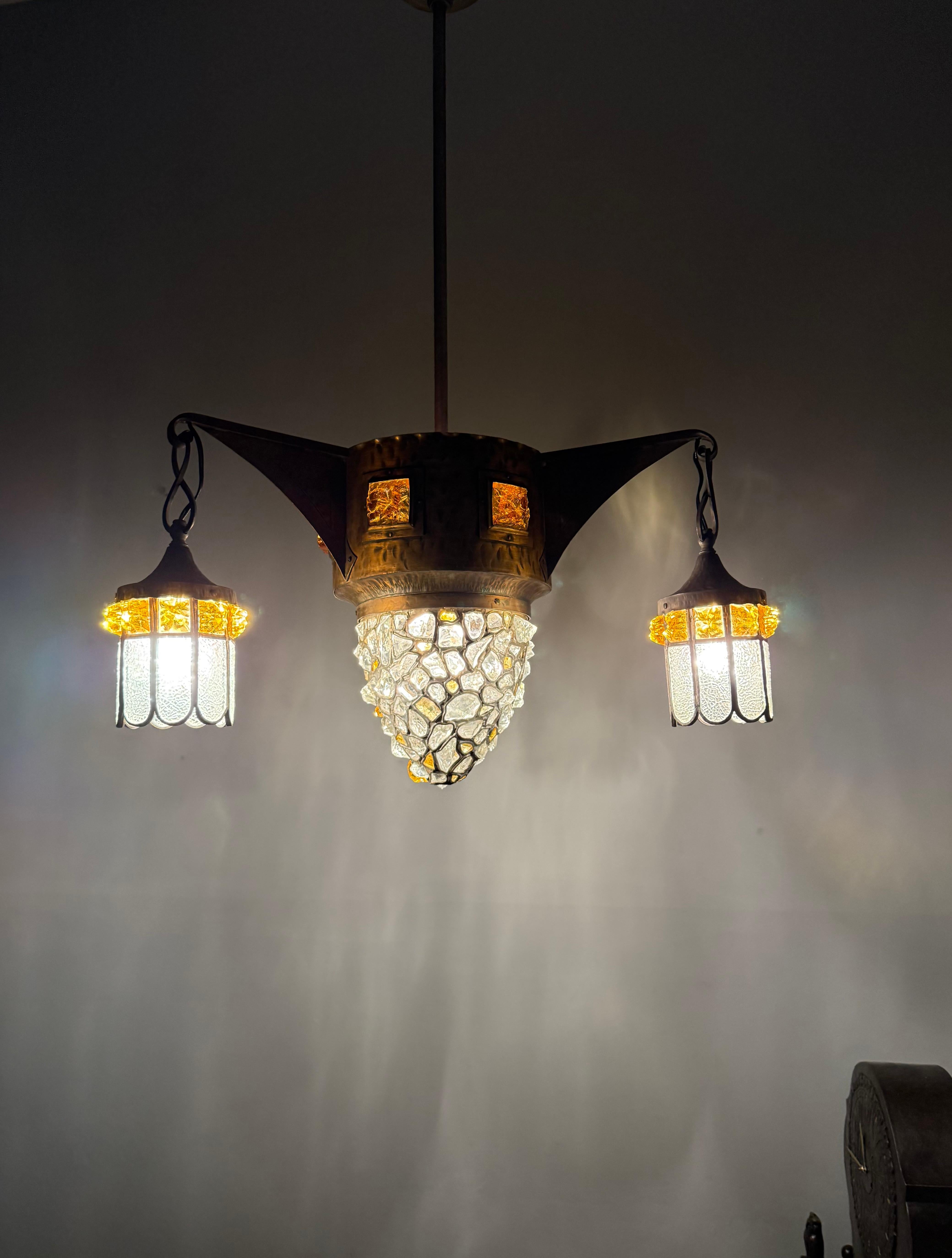 Unique Large Arts & Crafts Brass Pendant Light with Glass Mosaic Shades 1910 For Sale 8