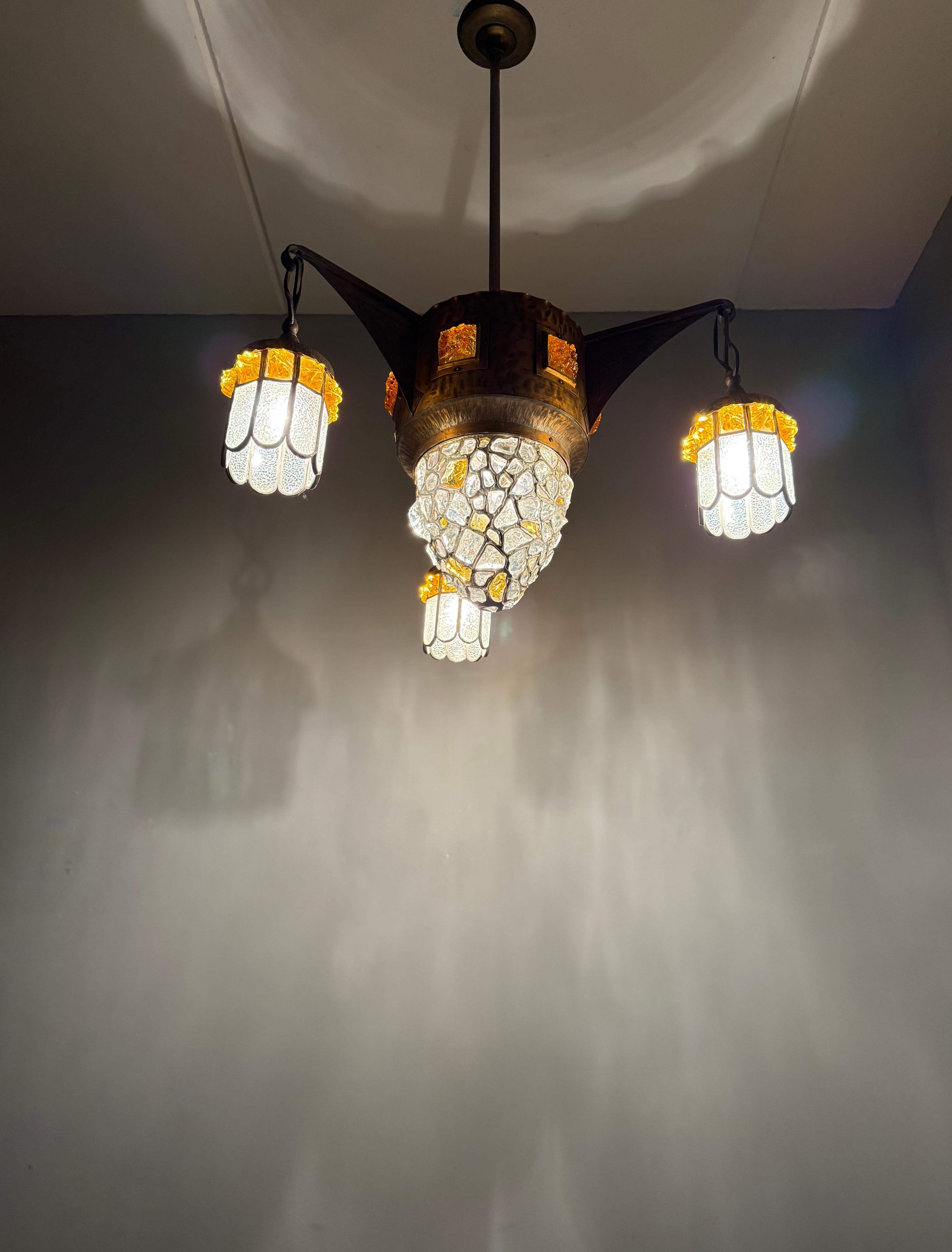 Unique Large Arts & Crafts Brass Pendant Light with Glass Mosaic Shades 1910 For Sale 9