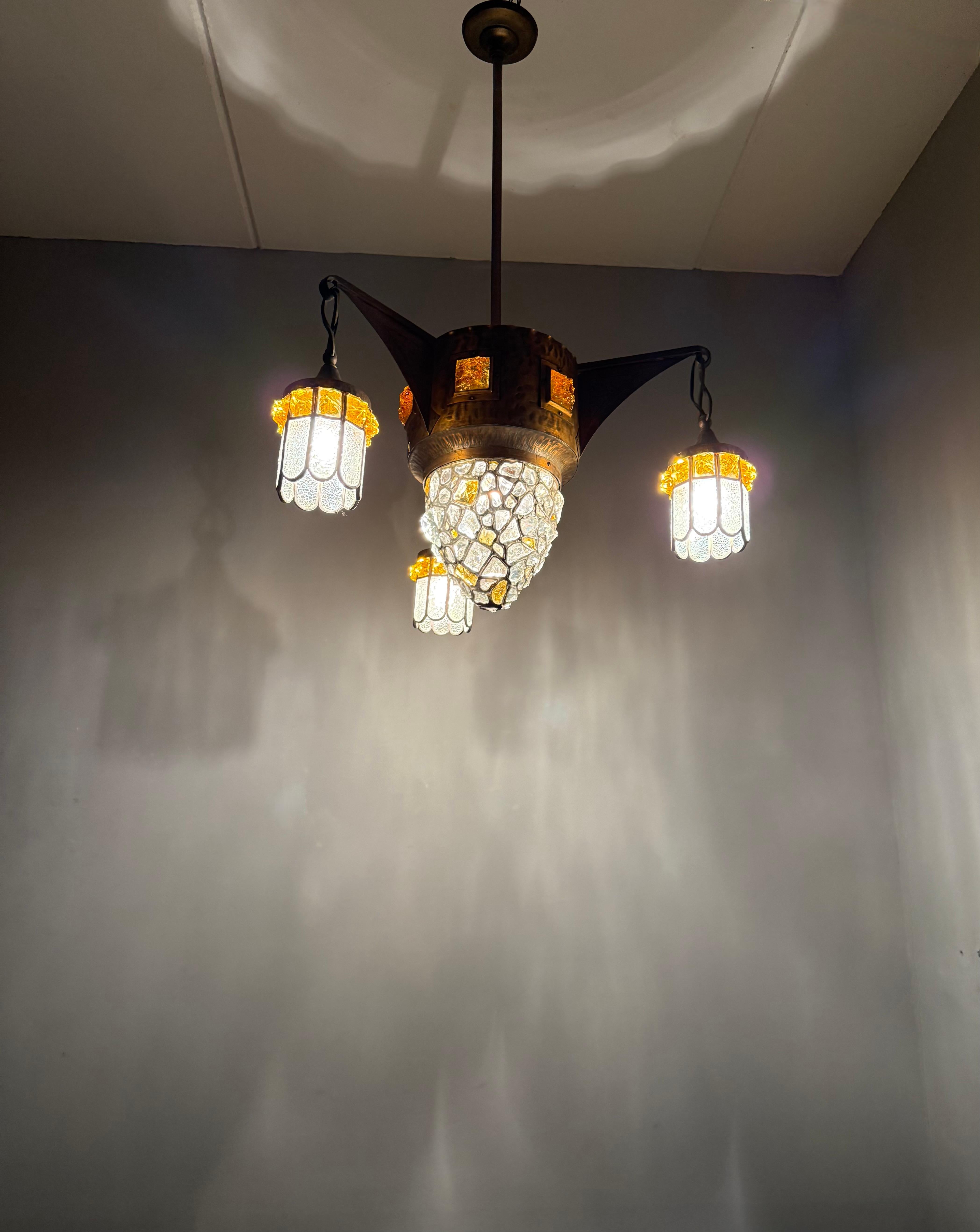 Unique Large Arts & Crafts Brass Pendant Light with Glass Mosaic Shades 1910 For Sale 11