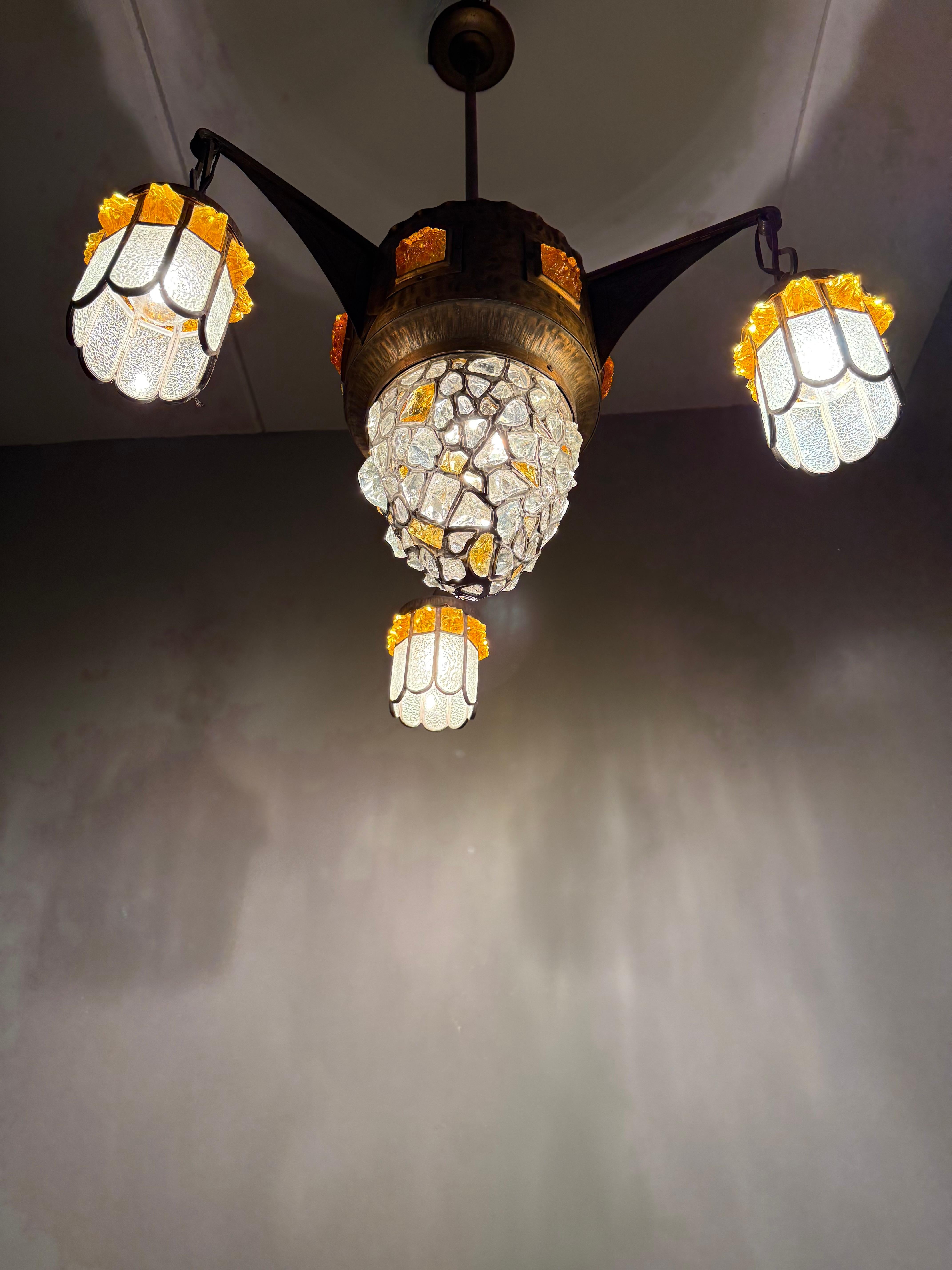 Unique Large Arts & Crafts Brass Pendant Light with Glass Mosaic Shades 1910 For Sale 12