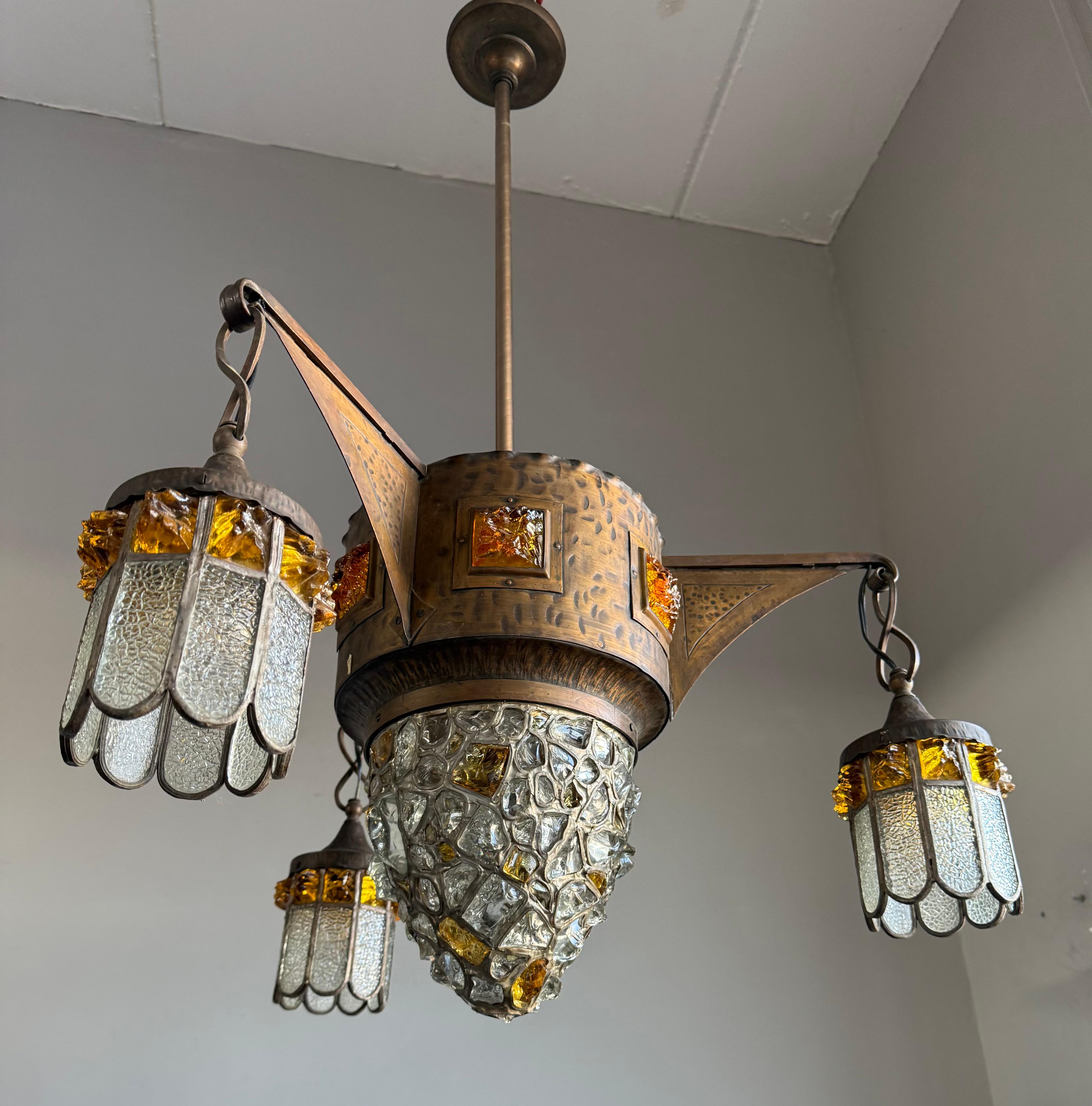 Unique Large Arts & Crafts Brass Pendant Light with Glass Mosaic Shades 1910 For Sale 3