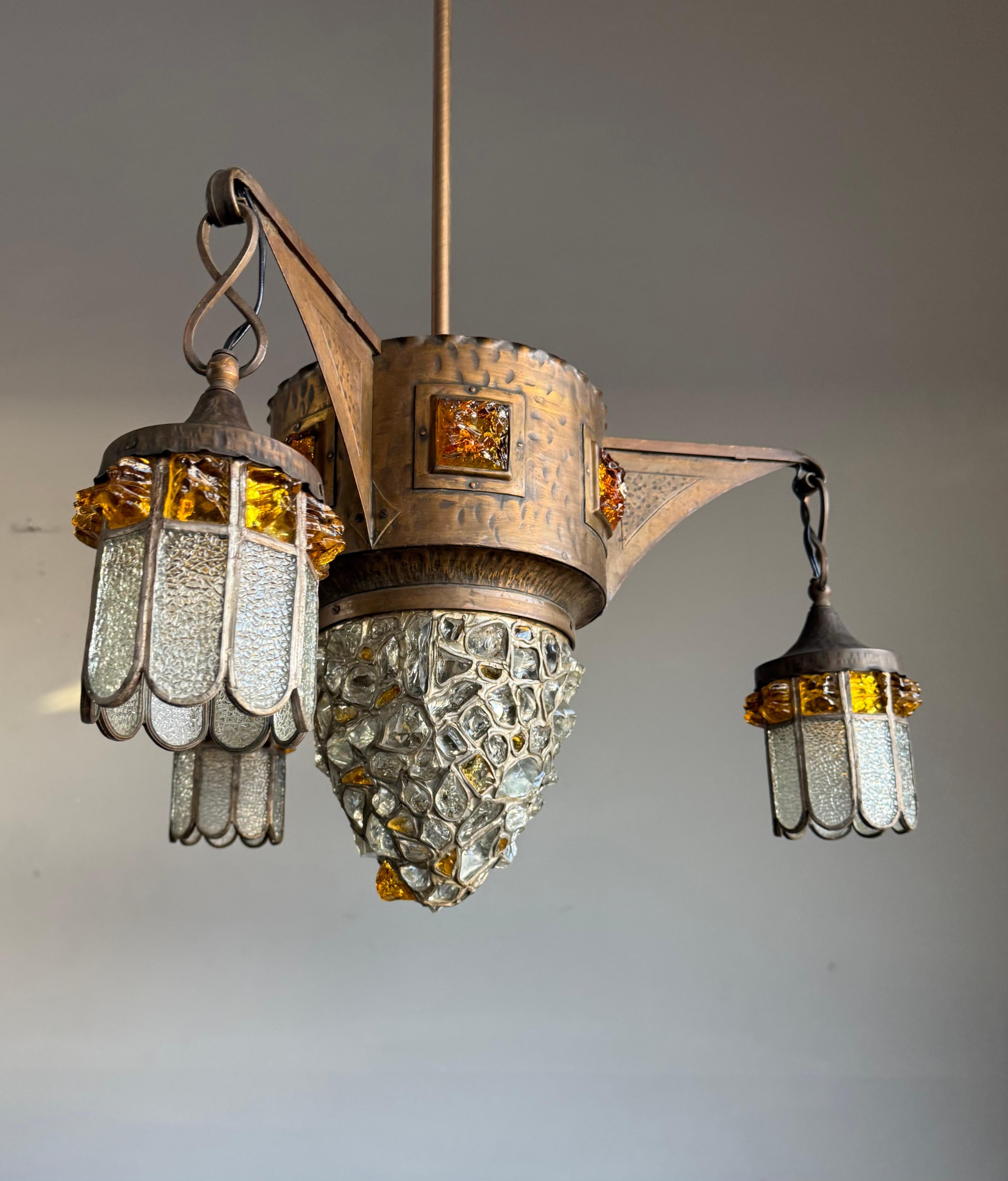 Unique Large Arts & Crafts Brass Pendant Light with Glass Mosaic Shades 1910 For Sale 13