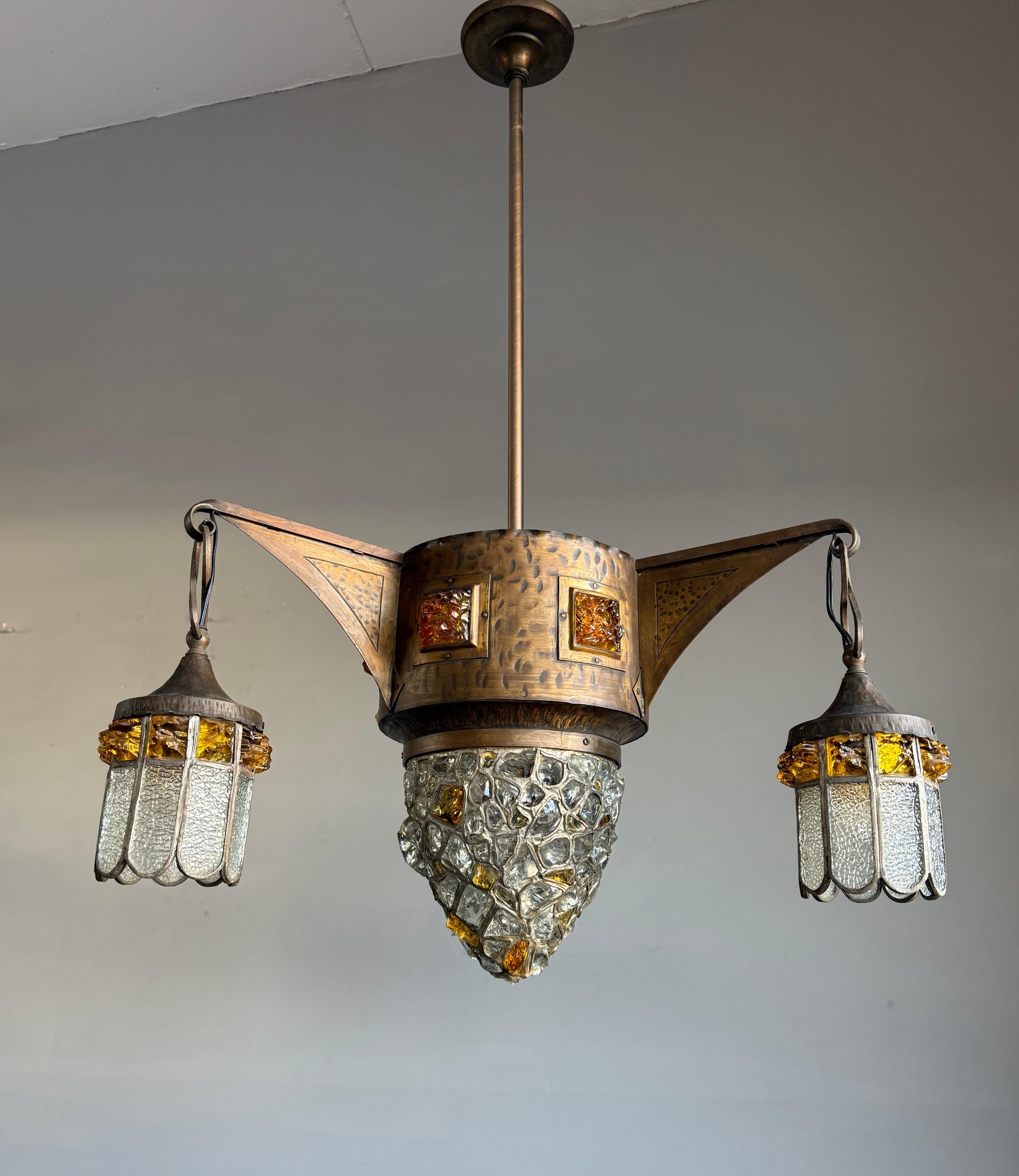 Arts and Crafts Unique Large Arts & Crafts Brass Pendant Light with Glass Mosaic Shades 1910 For Sale