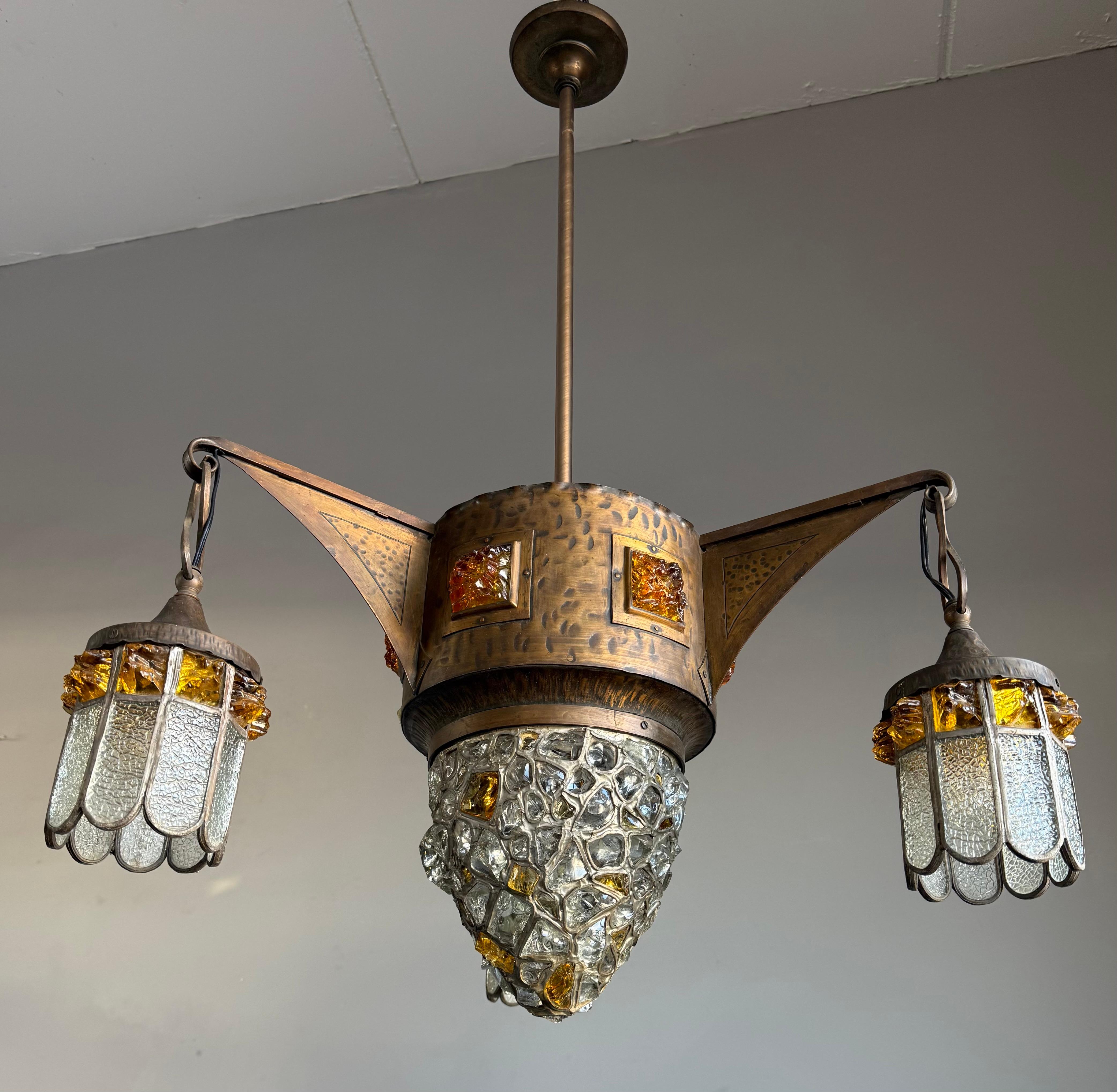 European Unique Large Arts & Crafts Brass Pendant Light with Glass Mosaic Shades 1910 For Sale