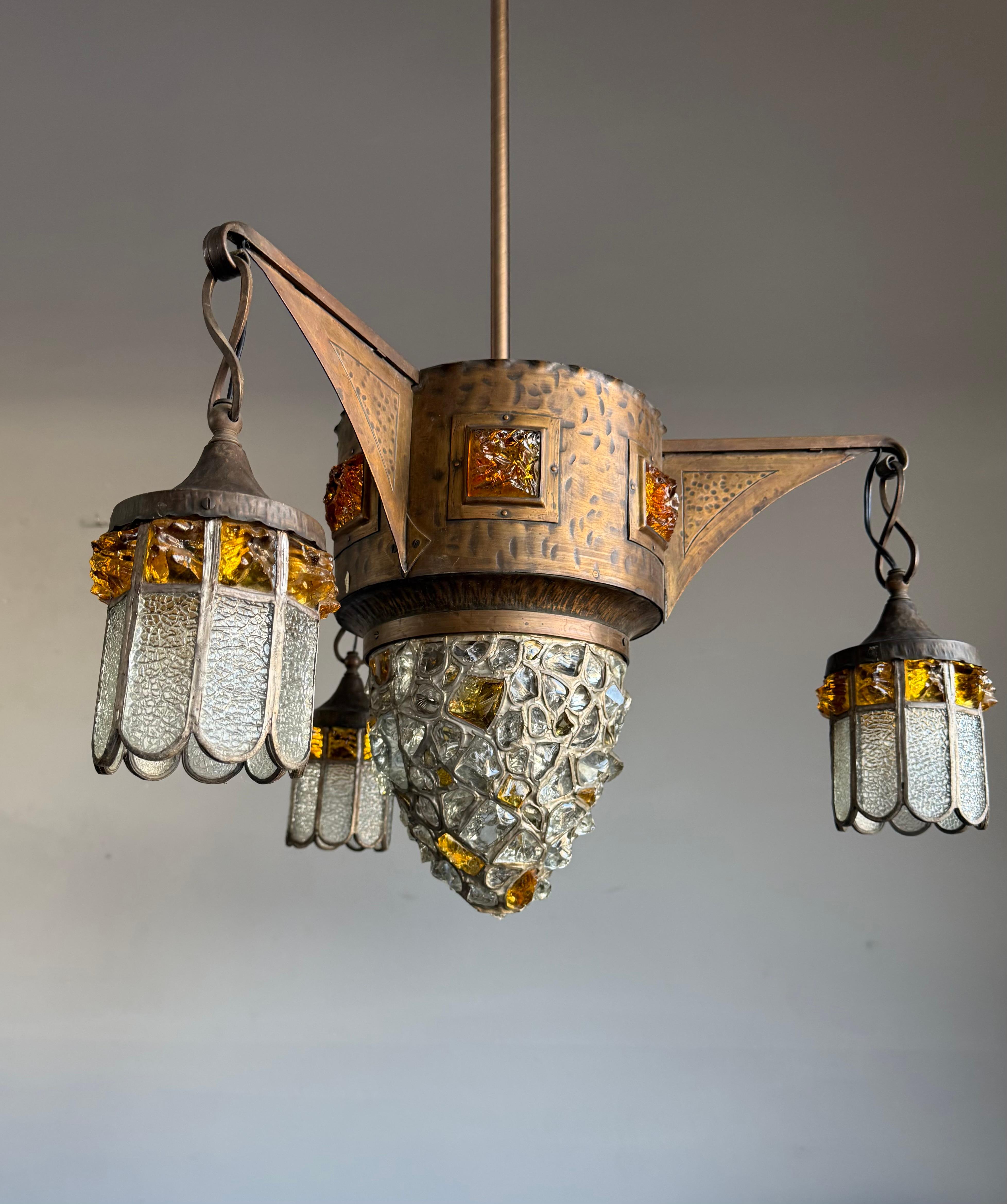 Unique Large Arts & Crafts Brass Pendant Light with Glass Mosaic Shades 1910 In Excellent Condition For Sale In Lisse, NL