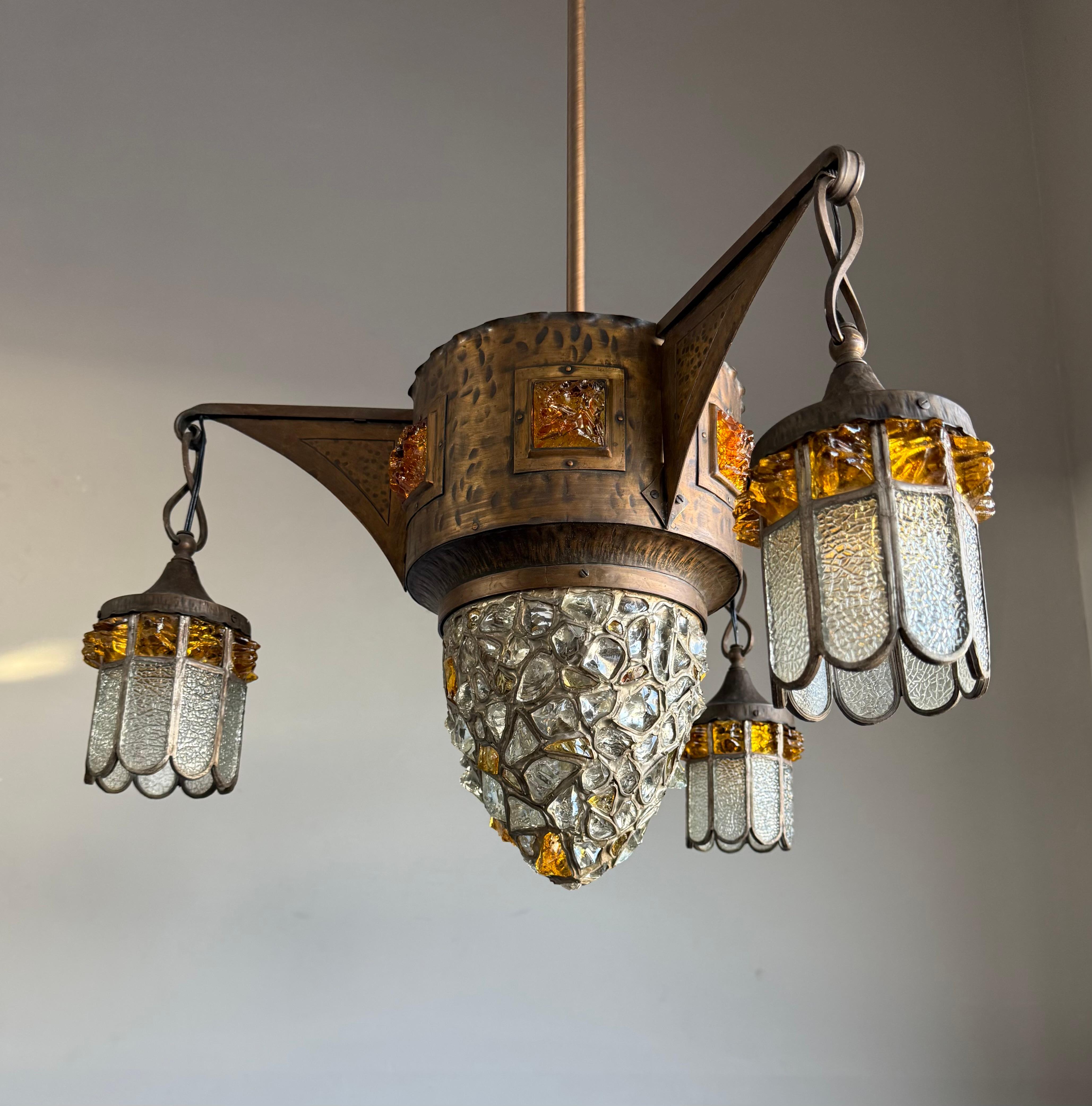 20th Century Unique Large Arts & Crafts Brass Pendant Light with Glass Mosaic Shades 1910 For Sale