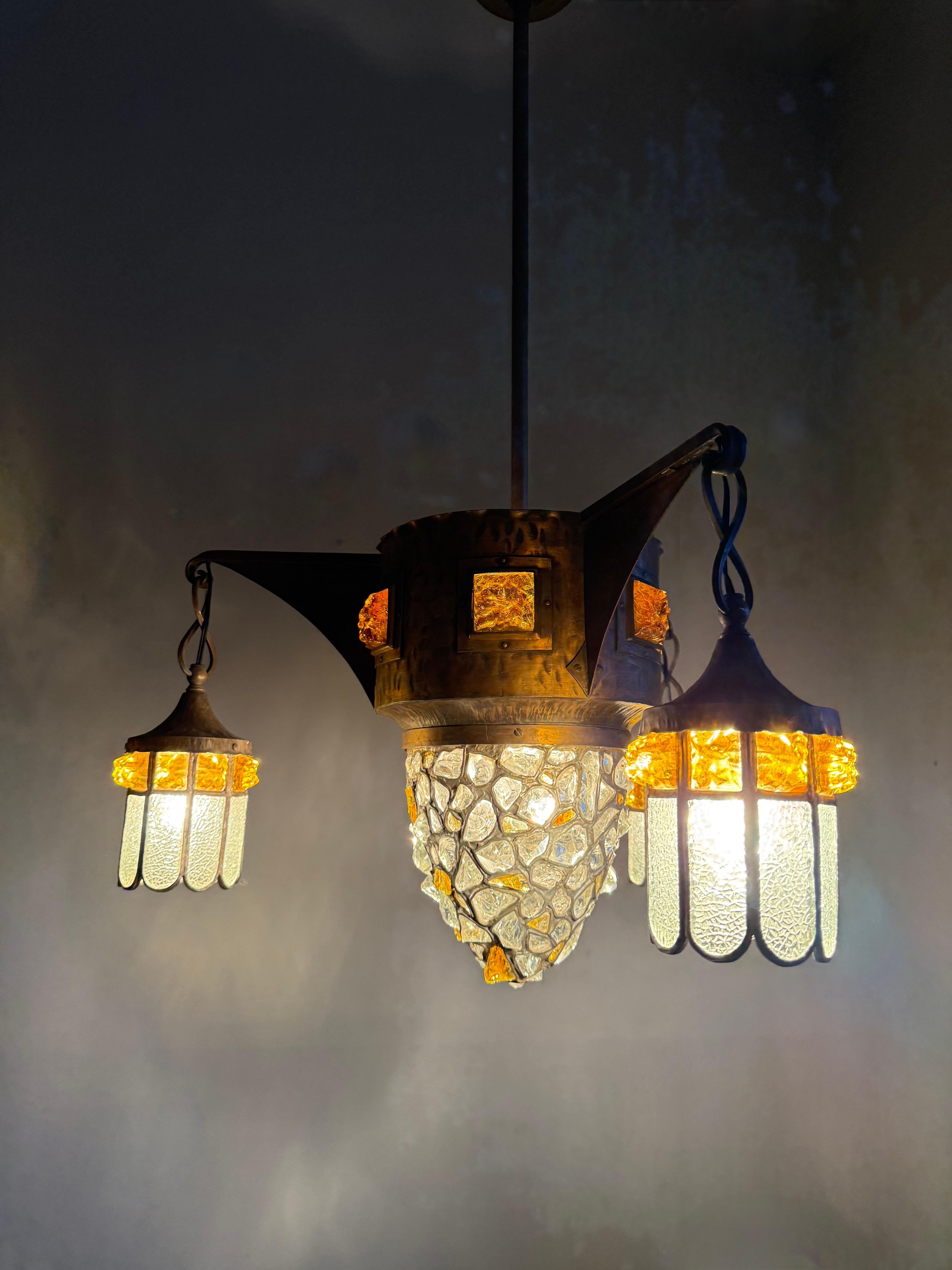 Unique Large Arts & Crafts Brass Pendant Light with Glass Mosaic Shades 1910 For Sale 1