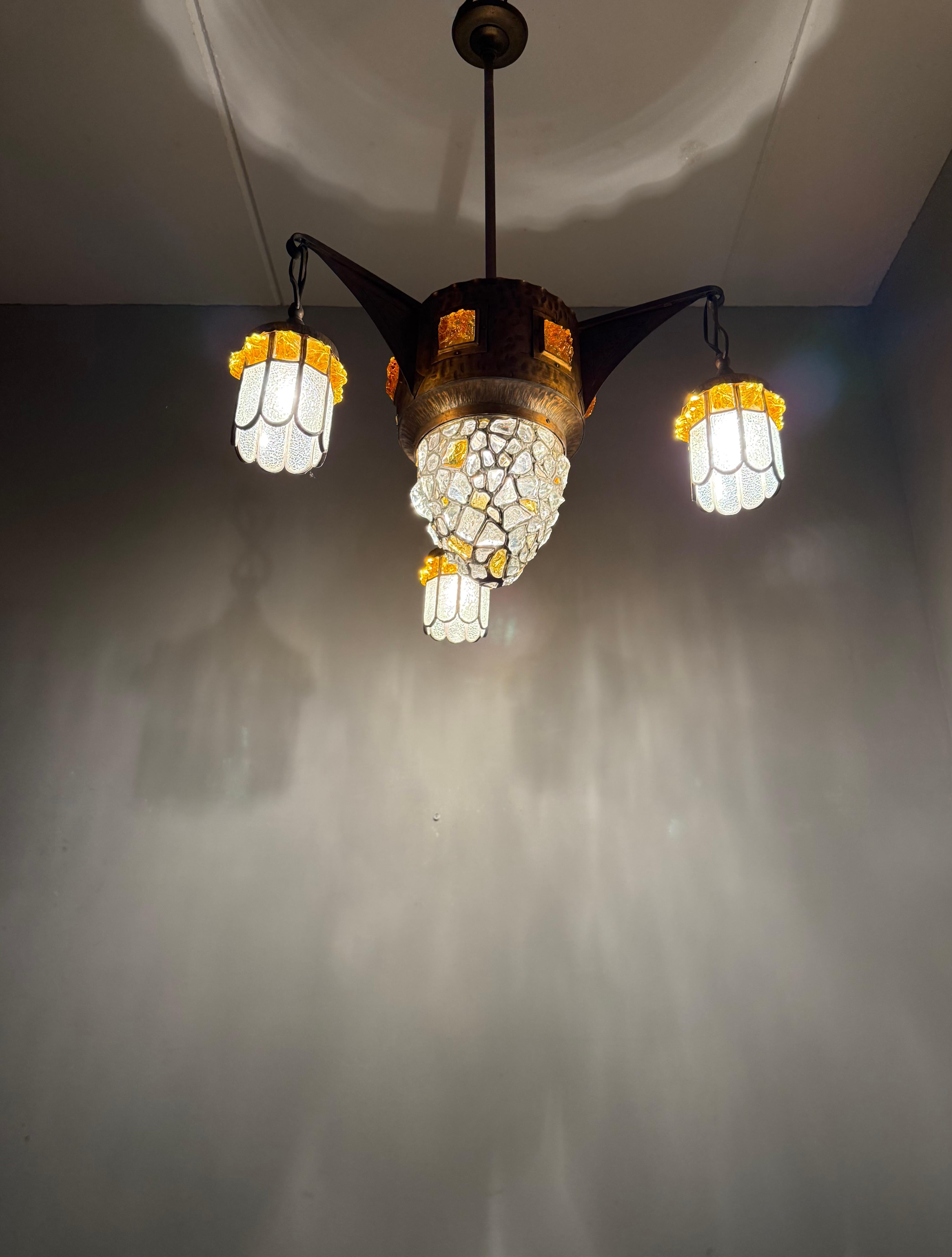 Unique Large Arts & Crafts Brass Pendant Light with Glass Mosaic Shades 1910 For Sale 2