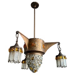 Grande lampe suspendue Arts & Crafts unique avec abat-jours en mosaïque de verre 1910