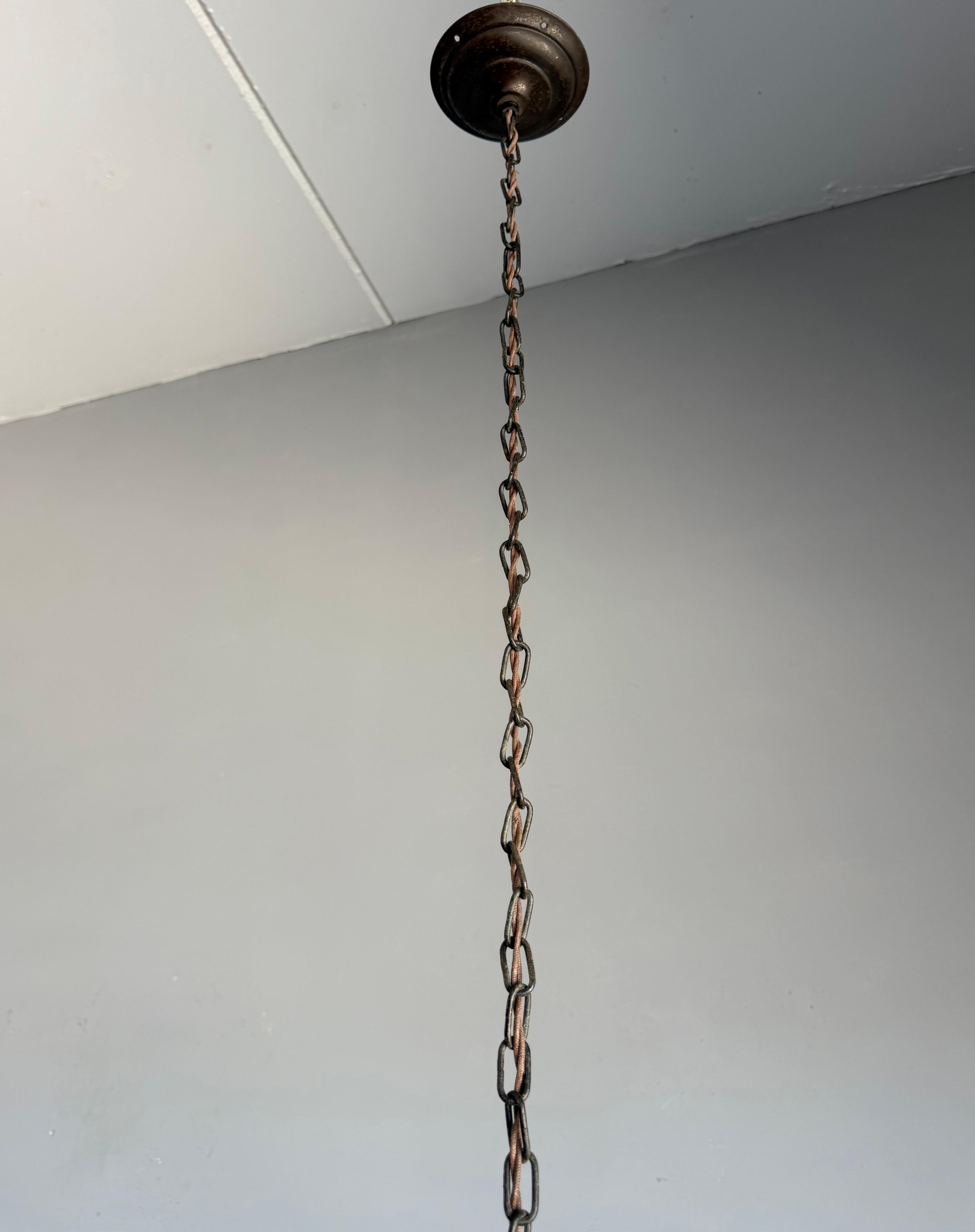 Unique Arts & Crafts Copper & Amber Glass Entry Hall Pendant Light / Lantern For Sale 2