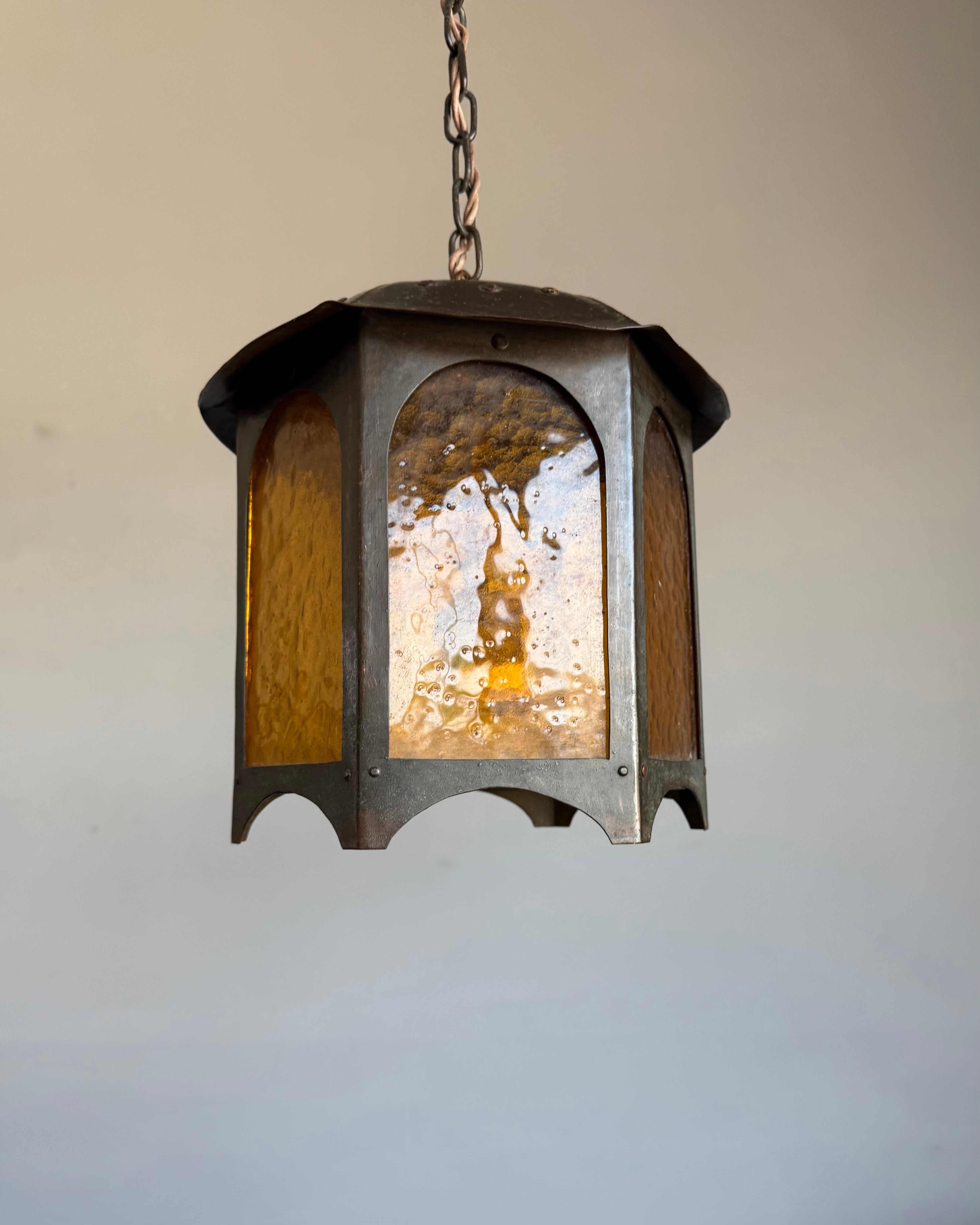 Unique Arts & Crafts Copper & Amber Glass Entry Hall Pendant Light / Lantern For Sale 3