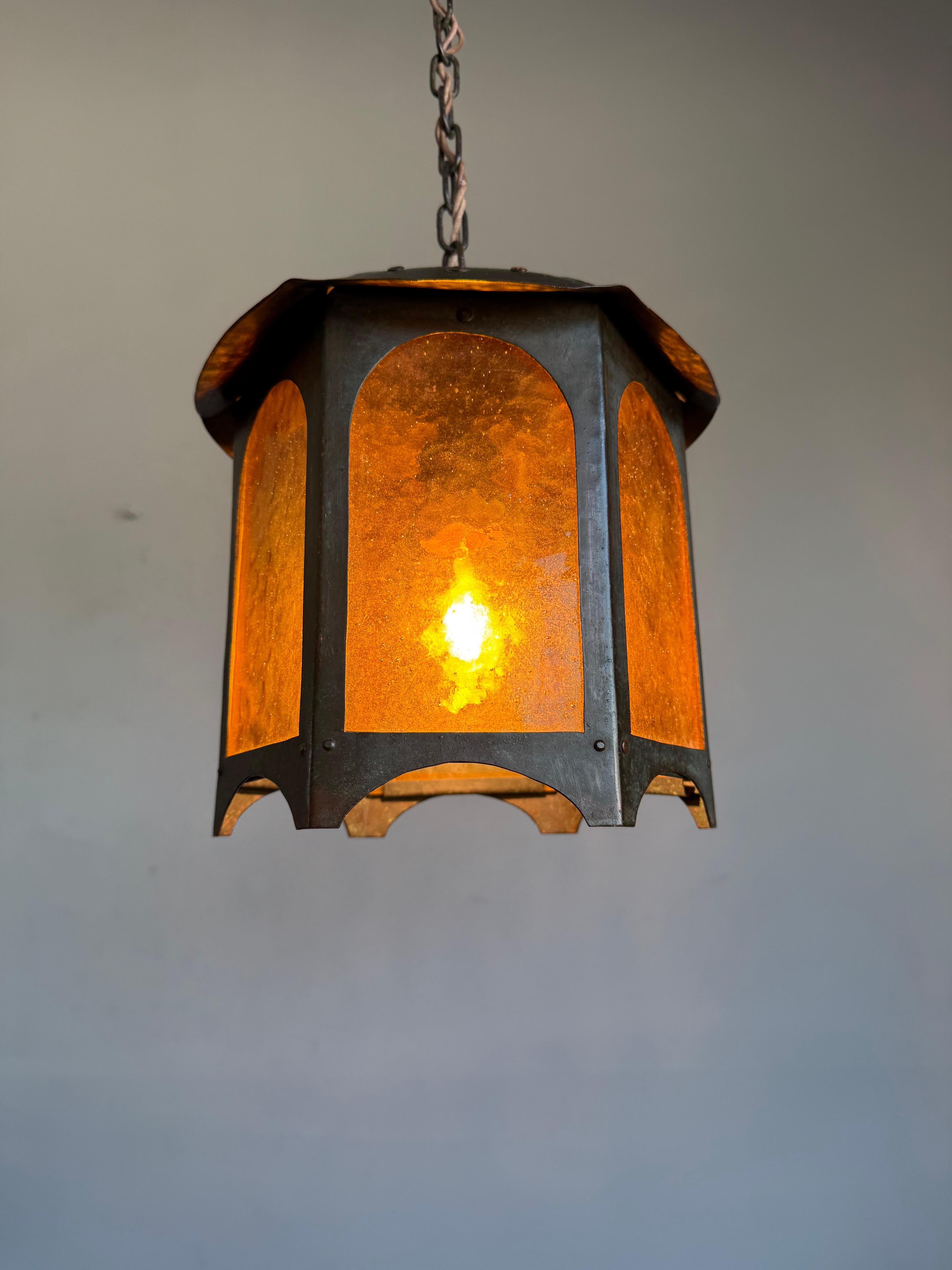 Unique Arts & Crafts Copper & Amber Glass Entry Hall Pendant Light / Lantern For Sale 5