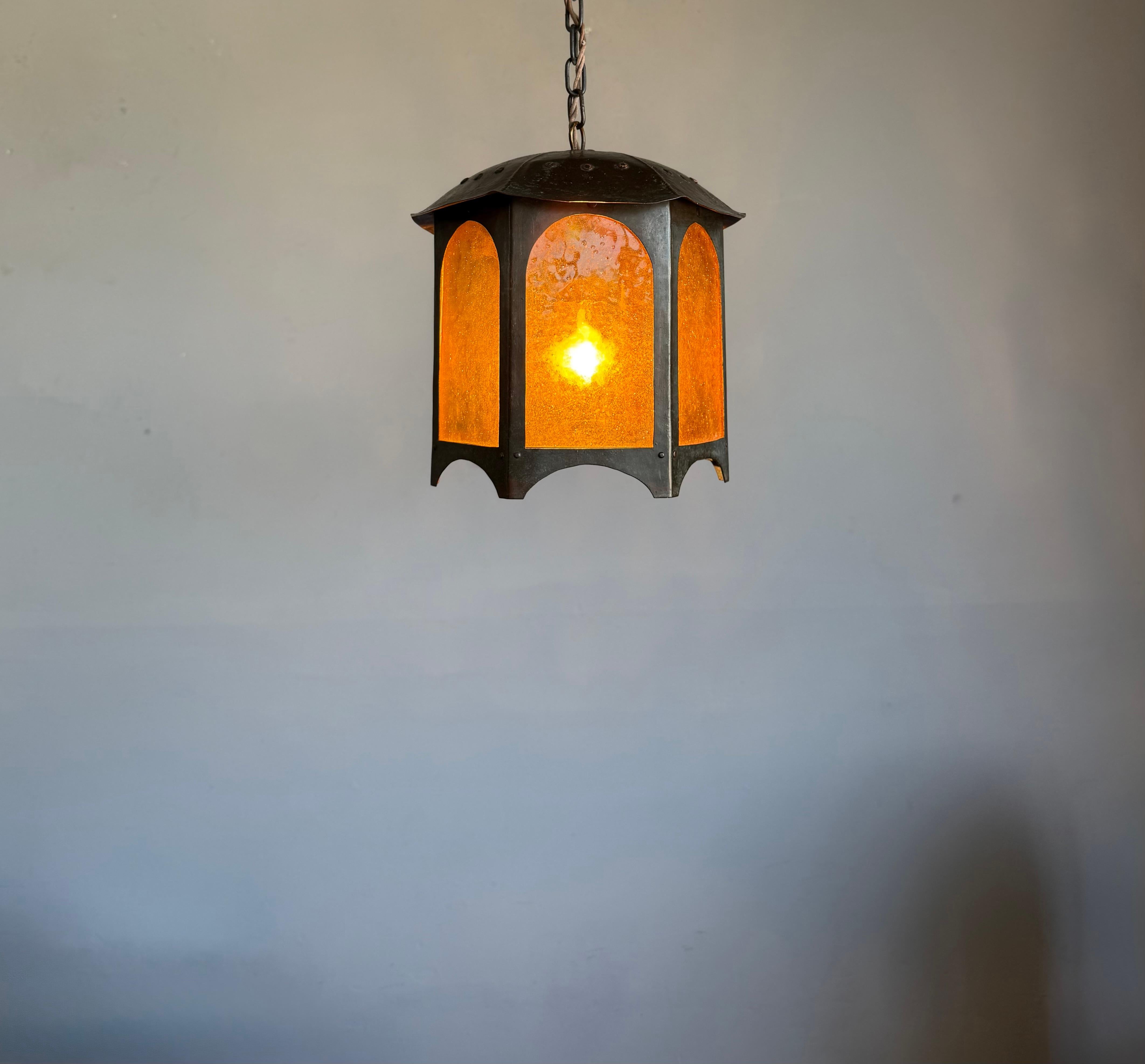 Unique Arts & Crafts Copper & Amber Glass Entry Hall Pendant Light / Lantern For Sale 6
