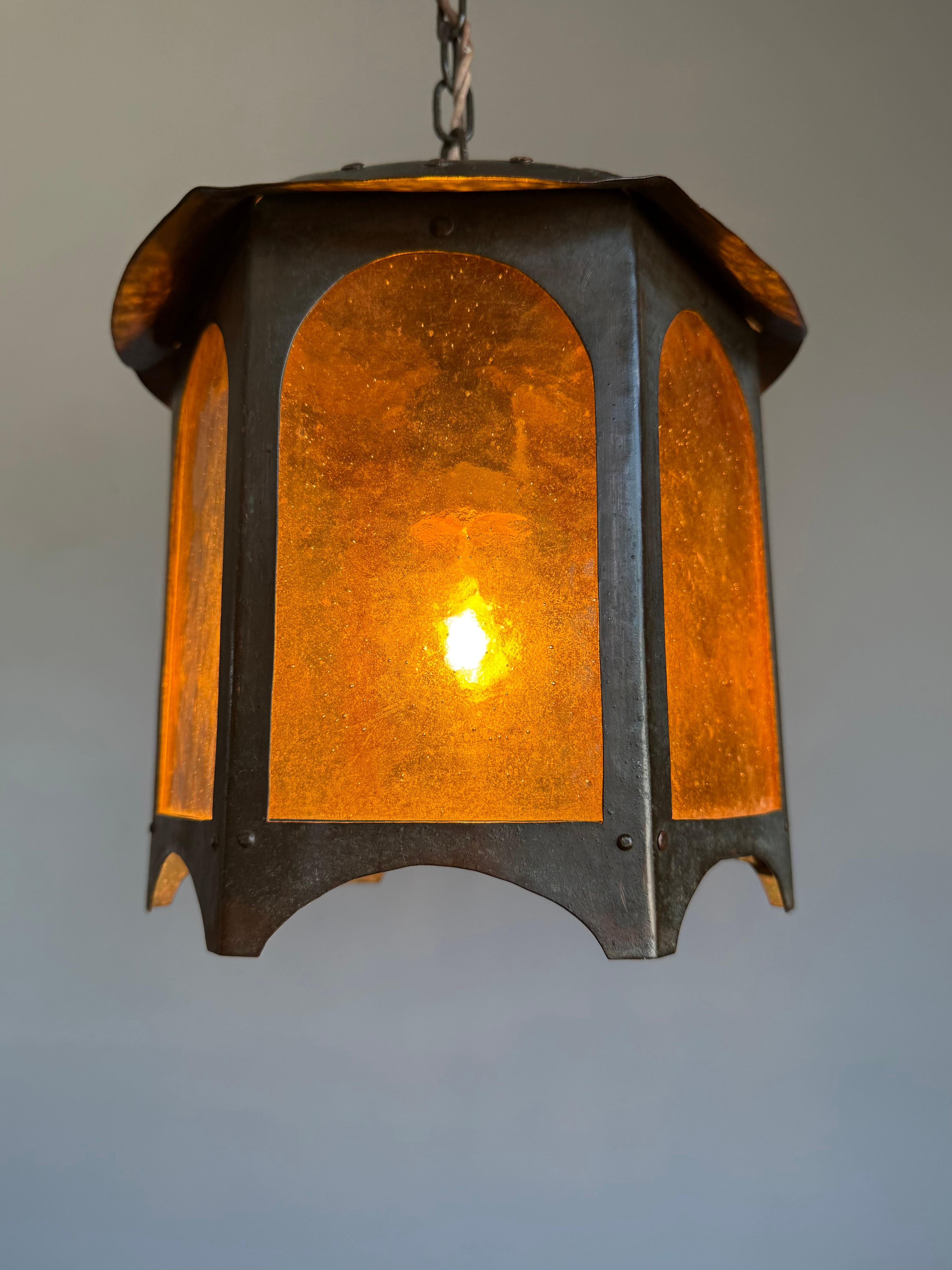 Unique Arts & Crafts Copper & Amber Glass Entry Hall Pendant Light / Lantern For Sale 7