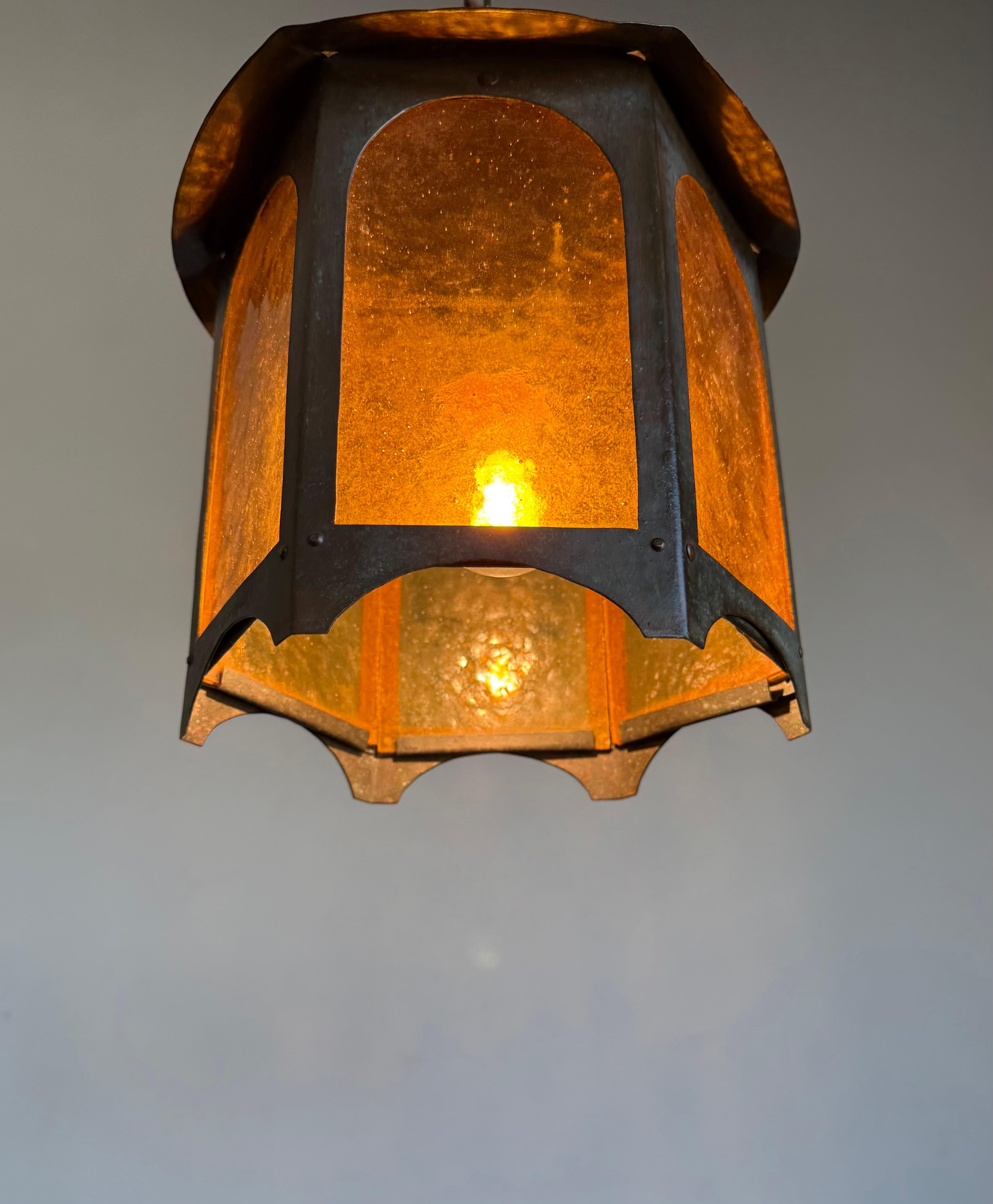 Unique Arts & Crafts Copper & Amber Glass Entry Hall Pendant Light / Lantern For Sale 8