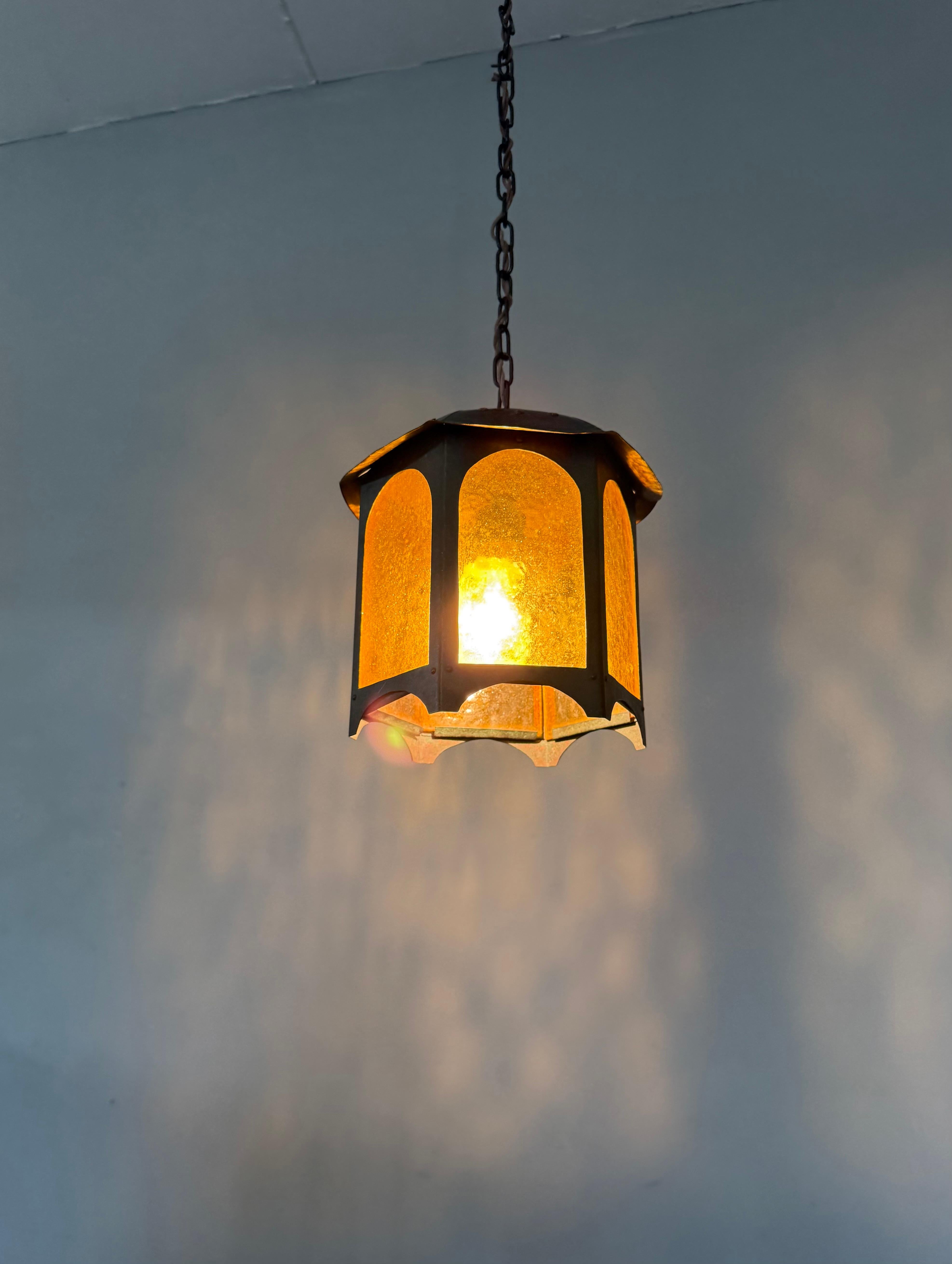 Unique Arts & Crafts Copper & Amber Glass Entry Hall Pendant Light / Lantern For Sale 9