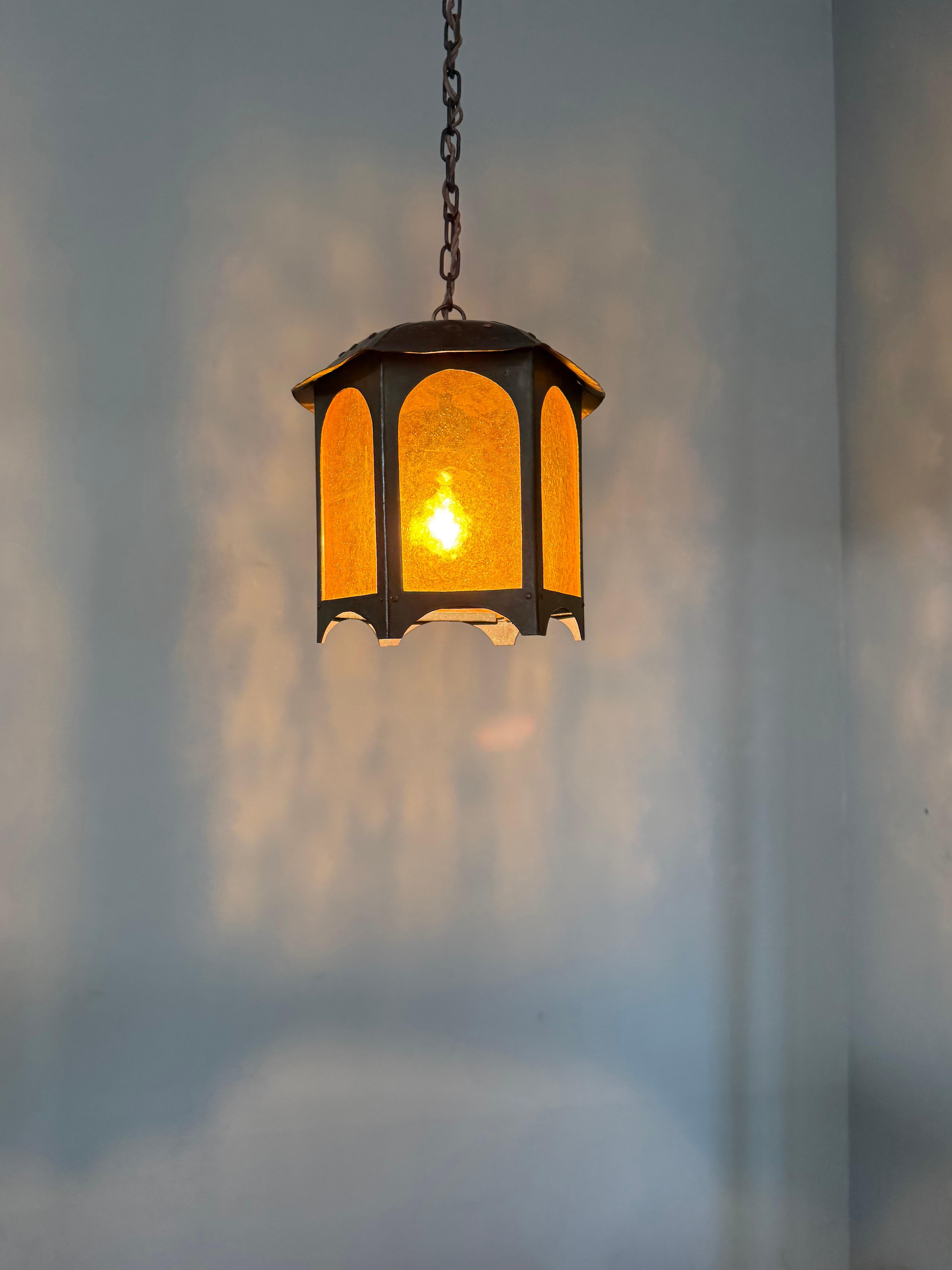 Unique Arts & Crafts Copper & Amber Glass Entry Hall Pendant Light / Lantern For Sale 11