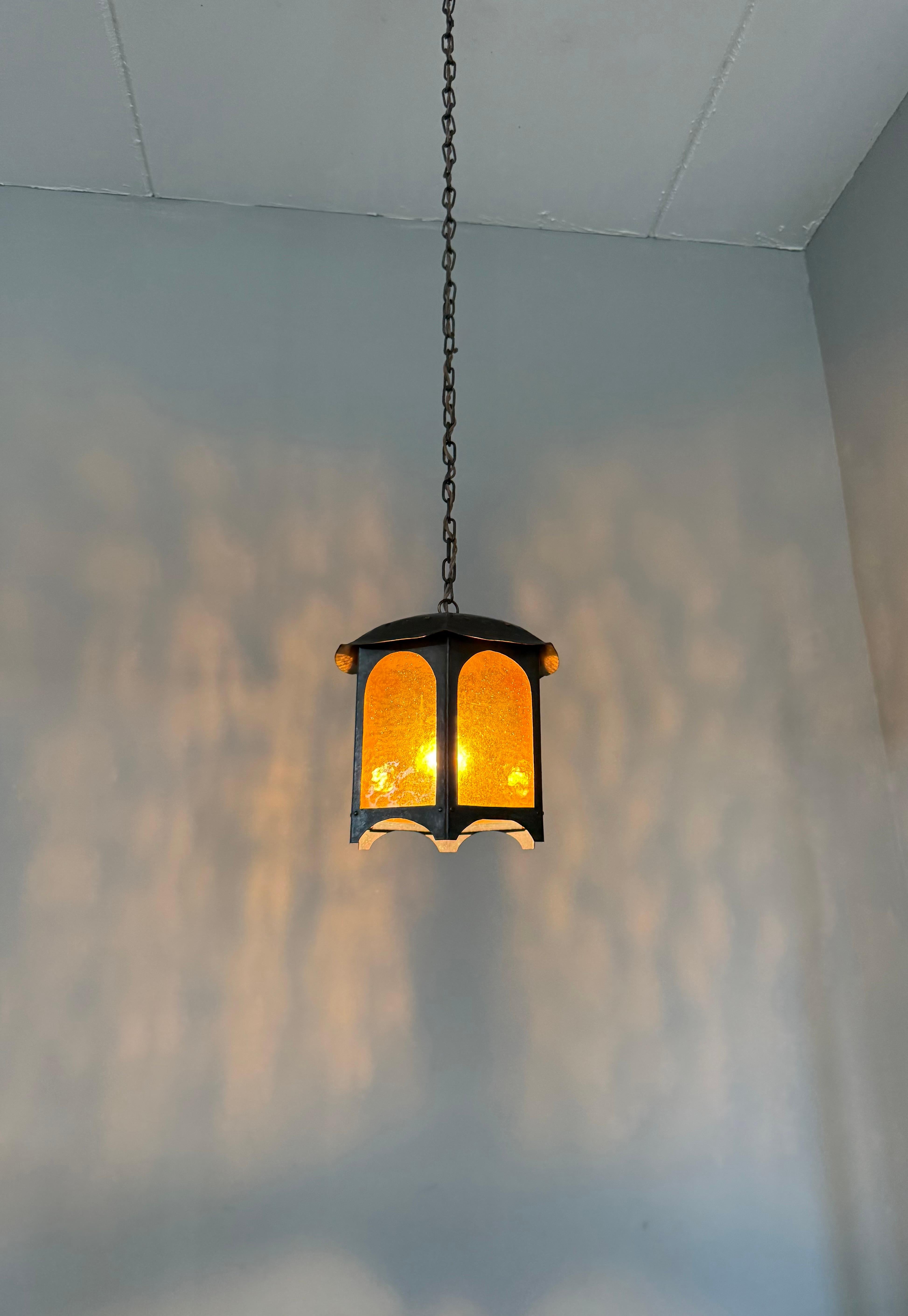 Unique Arts & Crafts Copper & Amber Glass Entry Hall Pendant Light / Lantern For Sale 12