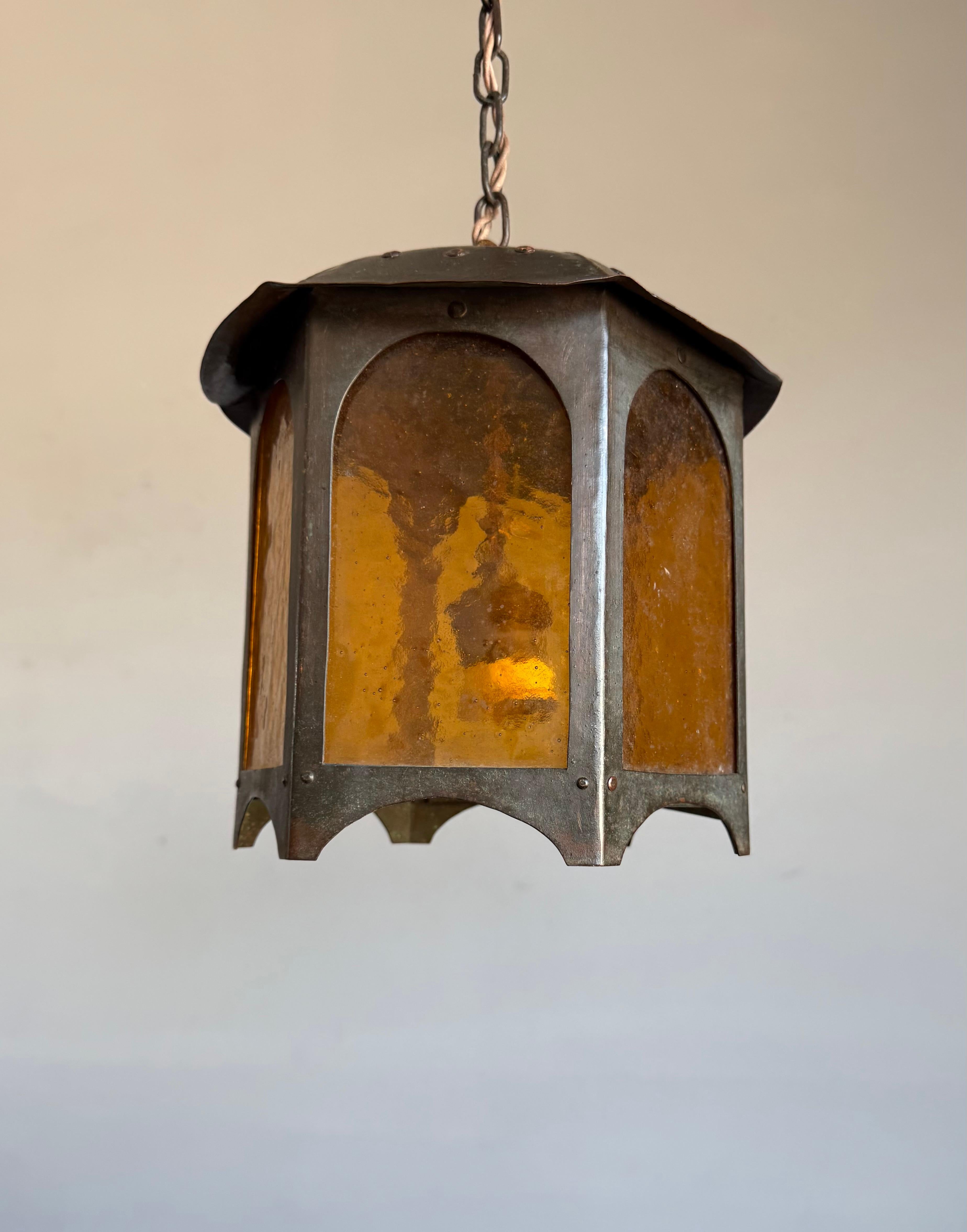 Bronzed Unique Arts & Crafts Copper & Amber Glass Entry Hall Pendant Light / Lantern For Sale