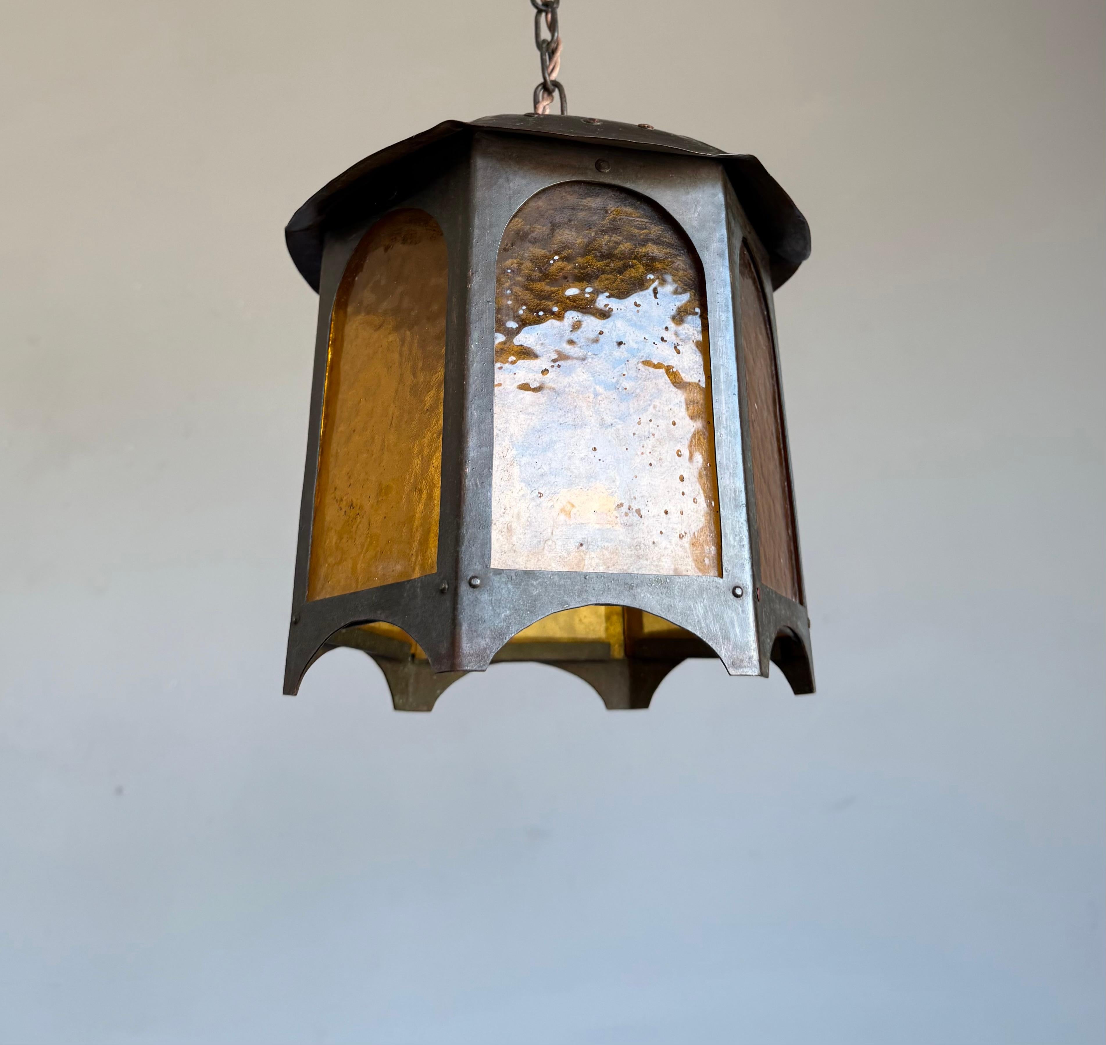 20th Century Unique Arts & Crafts Copper & Amber Glass Entry Hall Pendant Light / Lantern For Sale