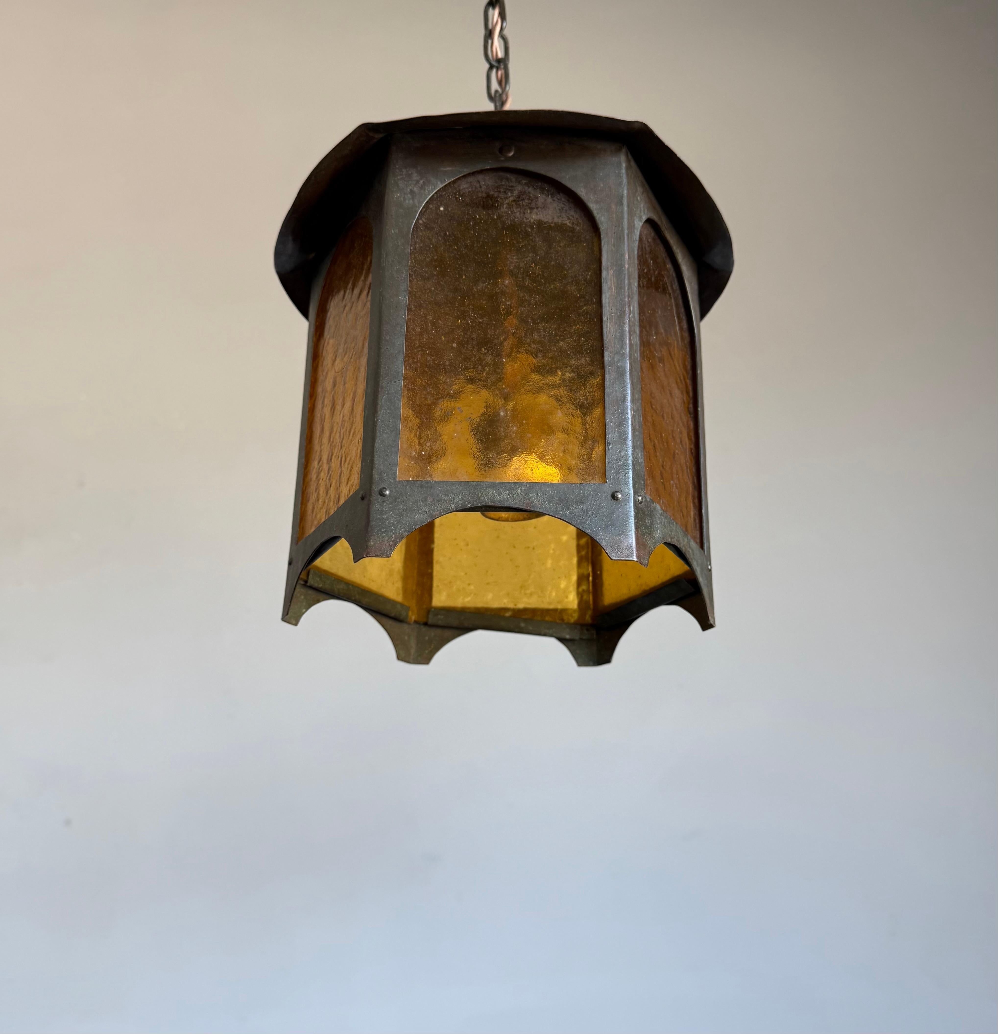 Brass Unique Arts & Crafts Copper & Amber Glass Entry Hall Pendant Light / Lantern For Sale