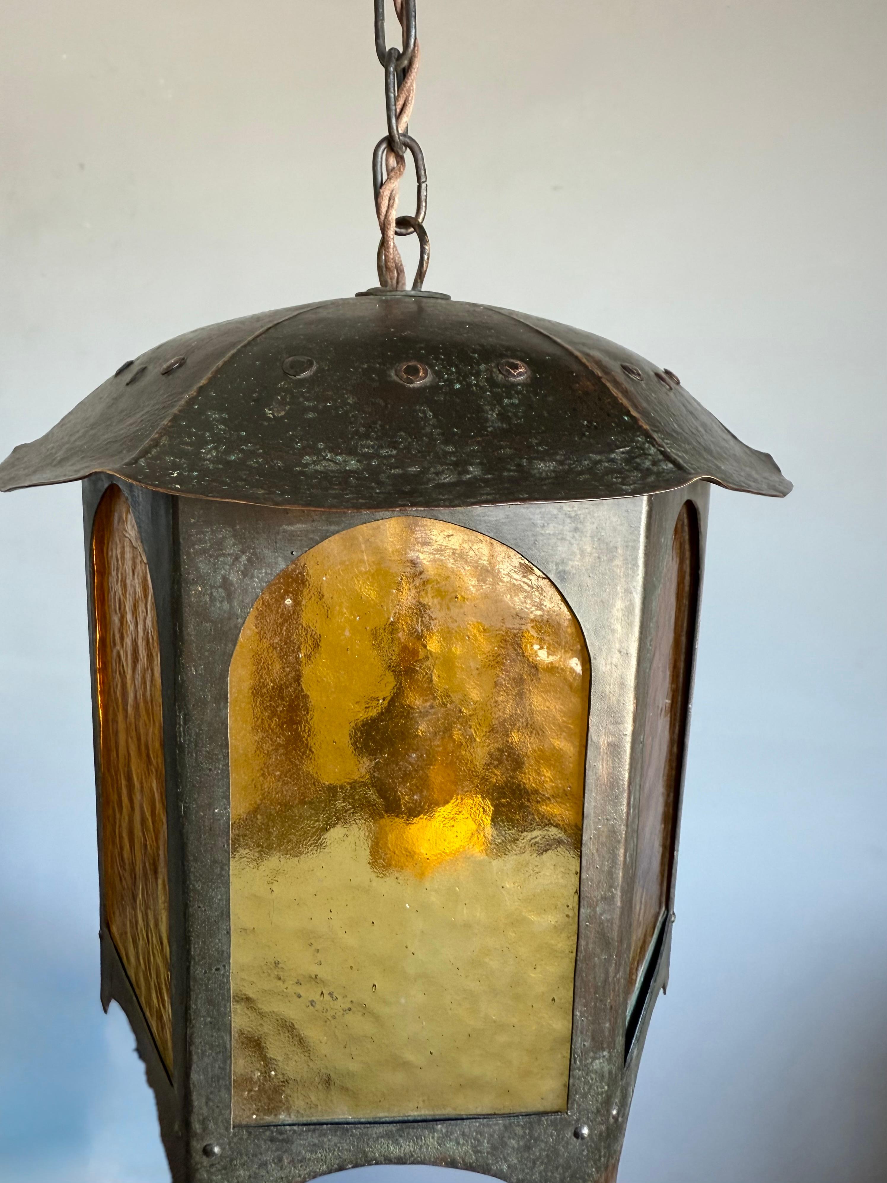 Unique Arts & Crafts Copper & Amber Glass Entry Hall Pendant Light / Lantern For Sale 1