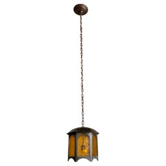Antique Unique Arts & Crafts Copper & Amber Glass Entry Hall Pendant Light / Lantern