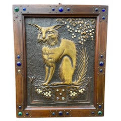 Unique Arts & Crafts Embossed Brass Cat w. Glass Gem Stones Inlaid Nutwood Frame