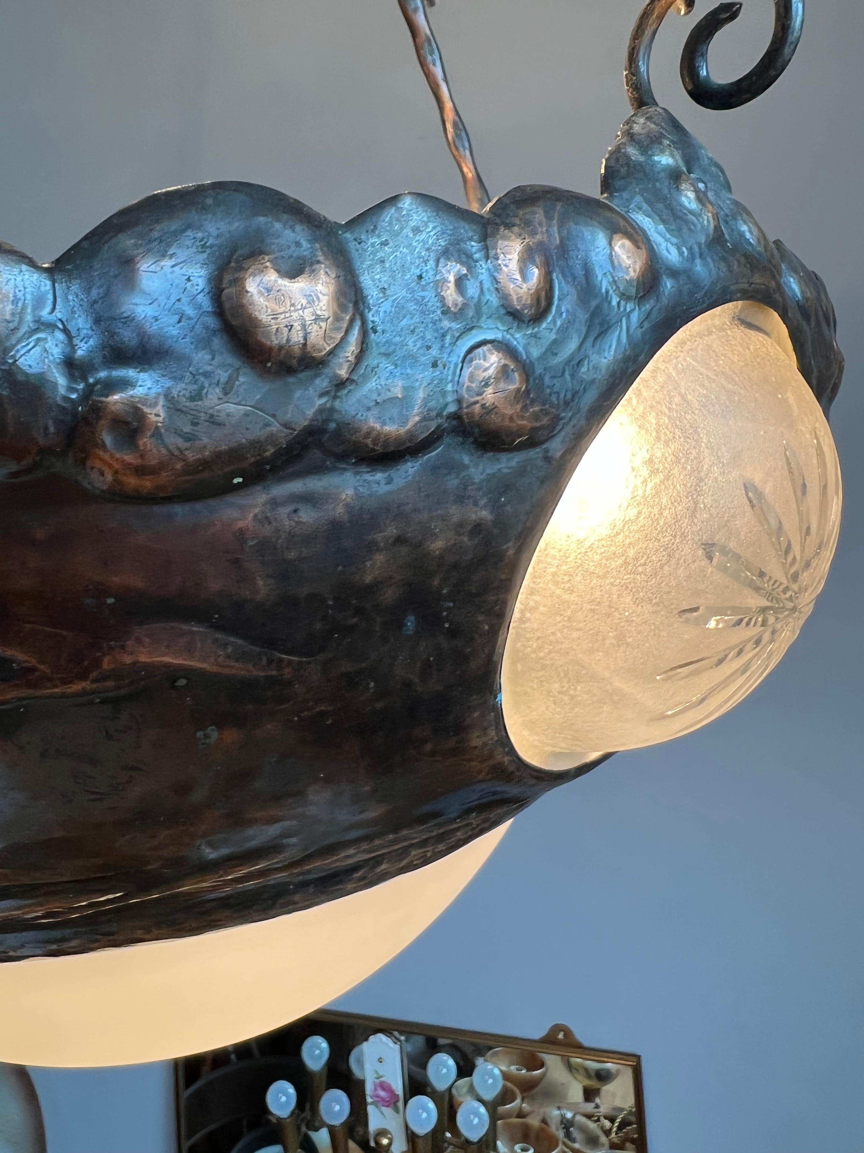 Unique Arts & Crafts Embossed Copper Chandelier w Sea Shore Theme & Glass Shades For Sale 5