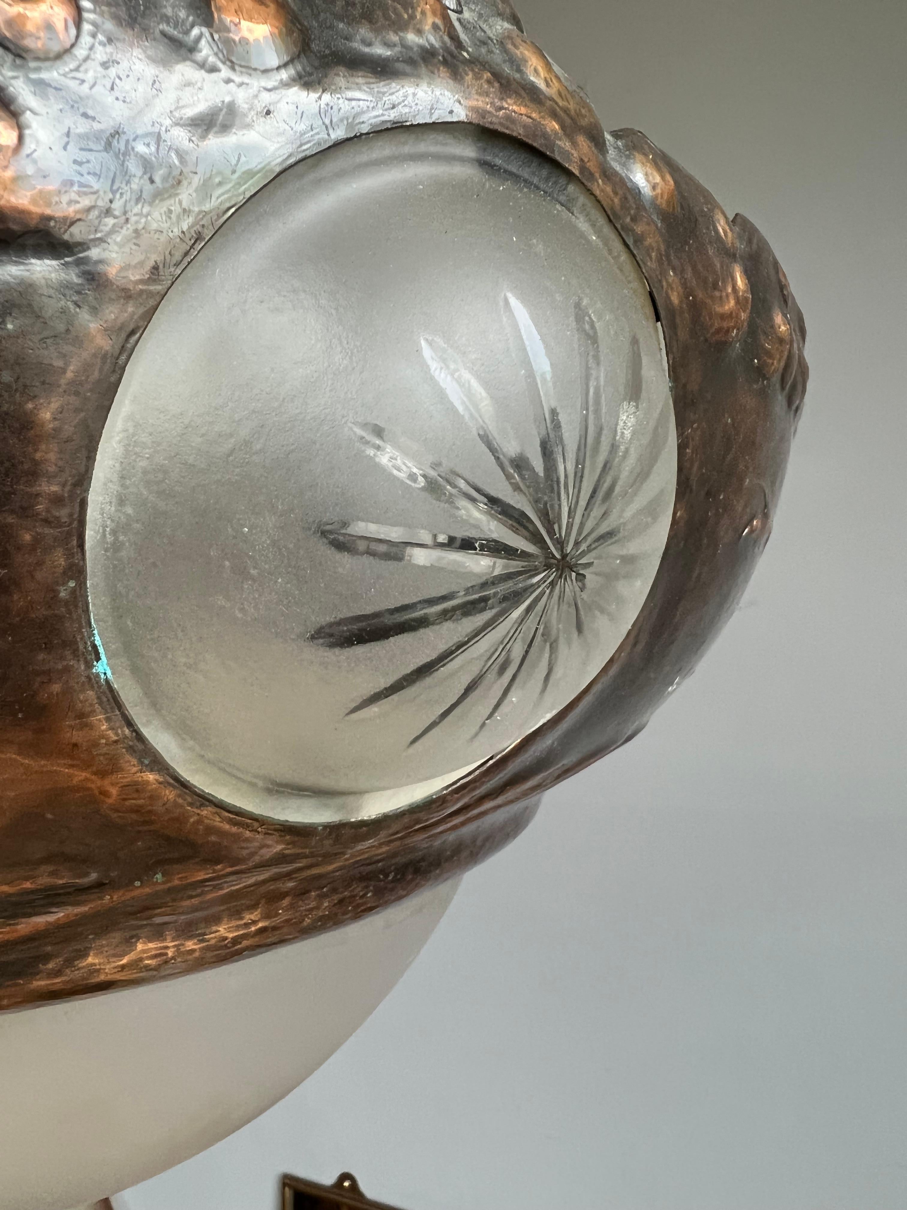 Unique Arts & Crafts Embossed Copper Chandelier w Sea Shore Theme & Glass Shades For Sale 6