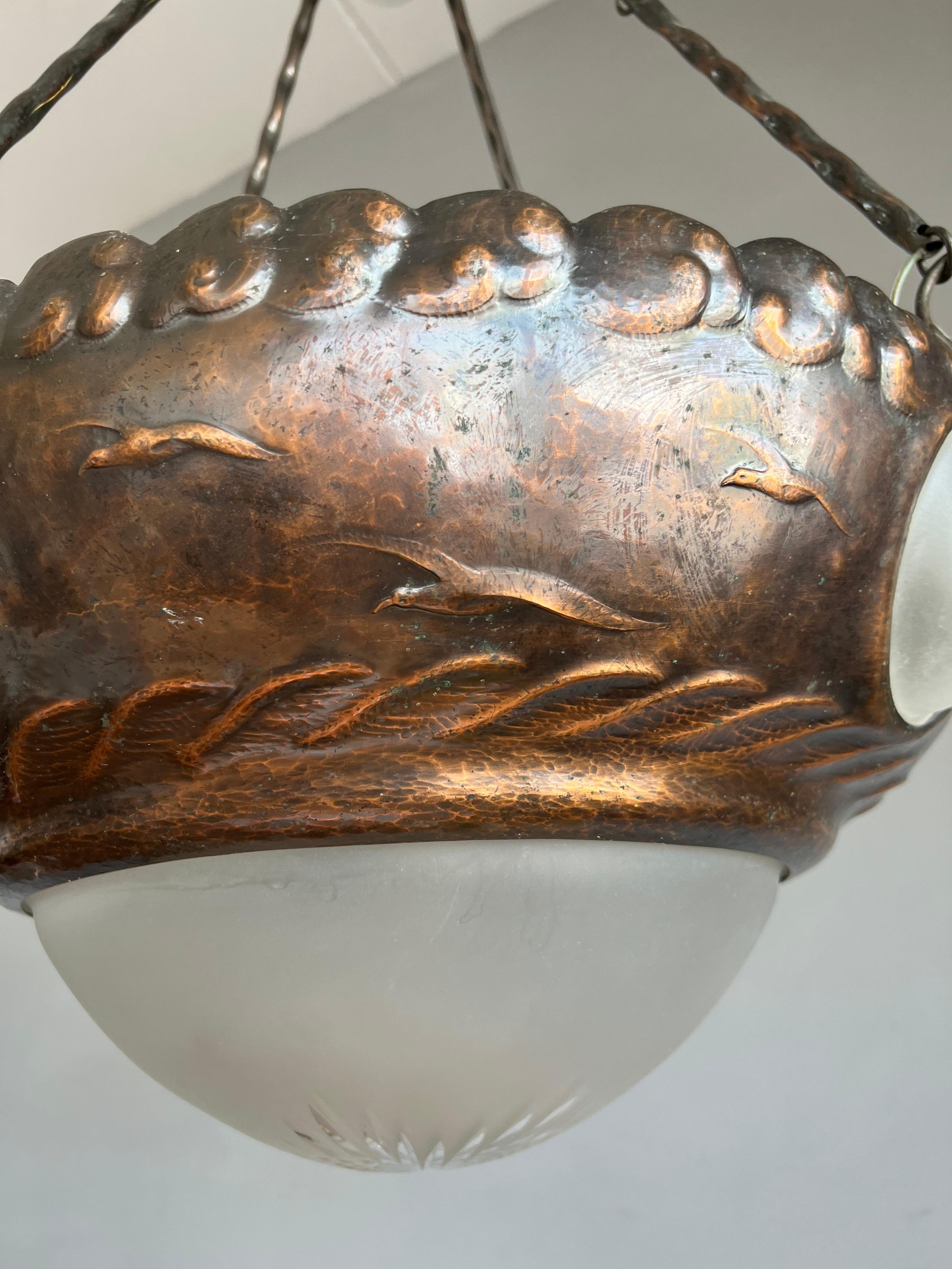 Unique Arts & Crafts Embossed Copper Chandelier w Sea Shore Theme & Glass Shades For Sale 7