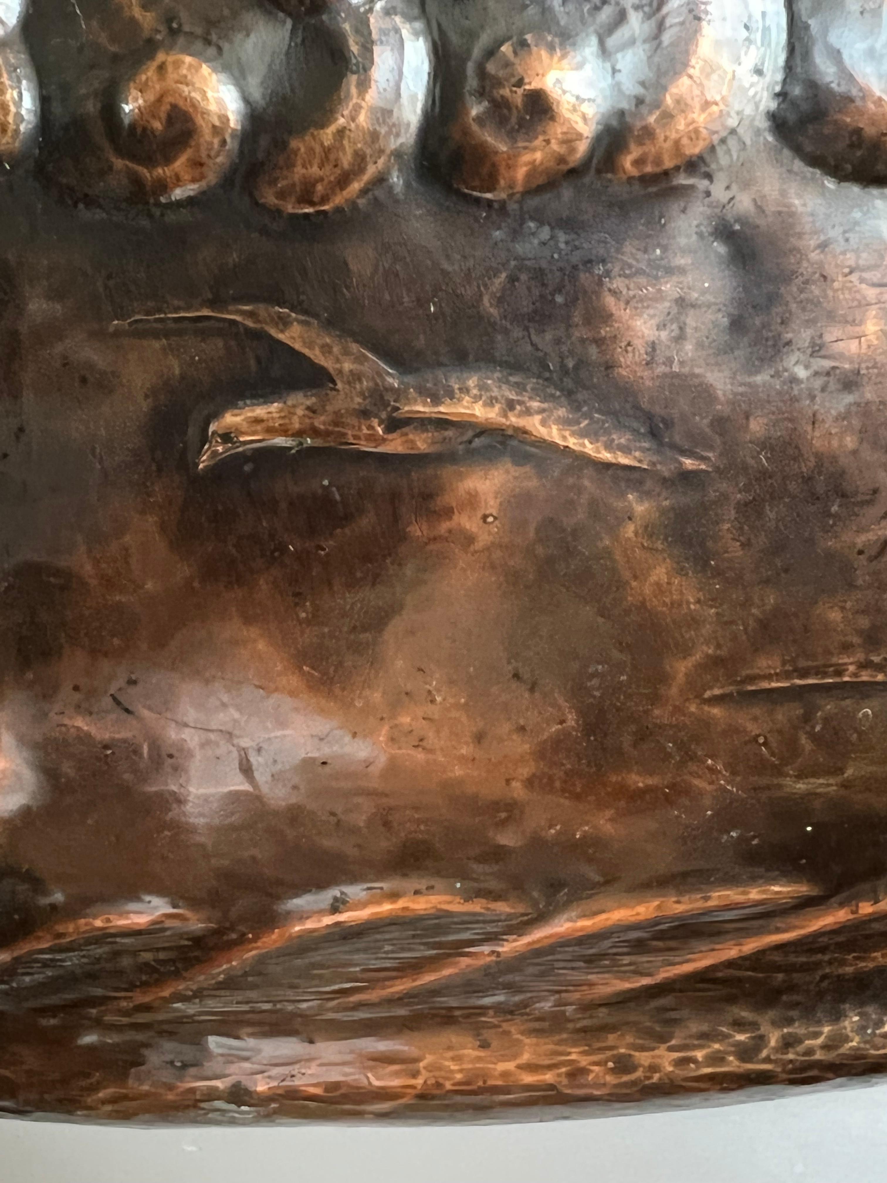 Unique Arts & Crafts Embossed Copper Chandelier w Sea Shore Theme & Glass Shades For Sale 8