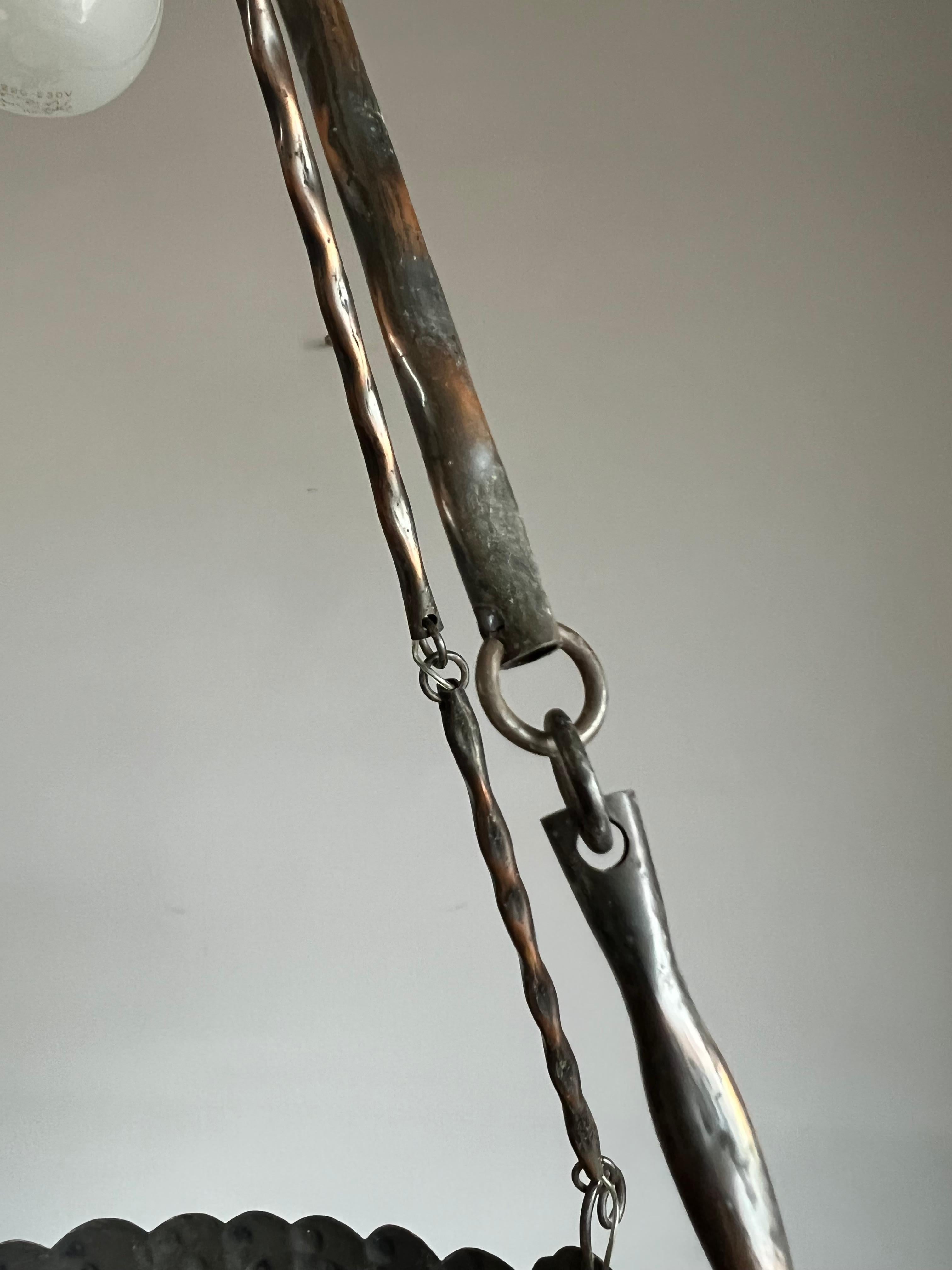 Unique Arts & Crafts Embossed Copper Chandelier w Sea Shore Theme & Glass Shades For Sale 9