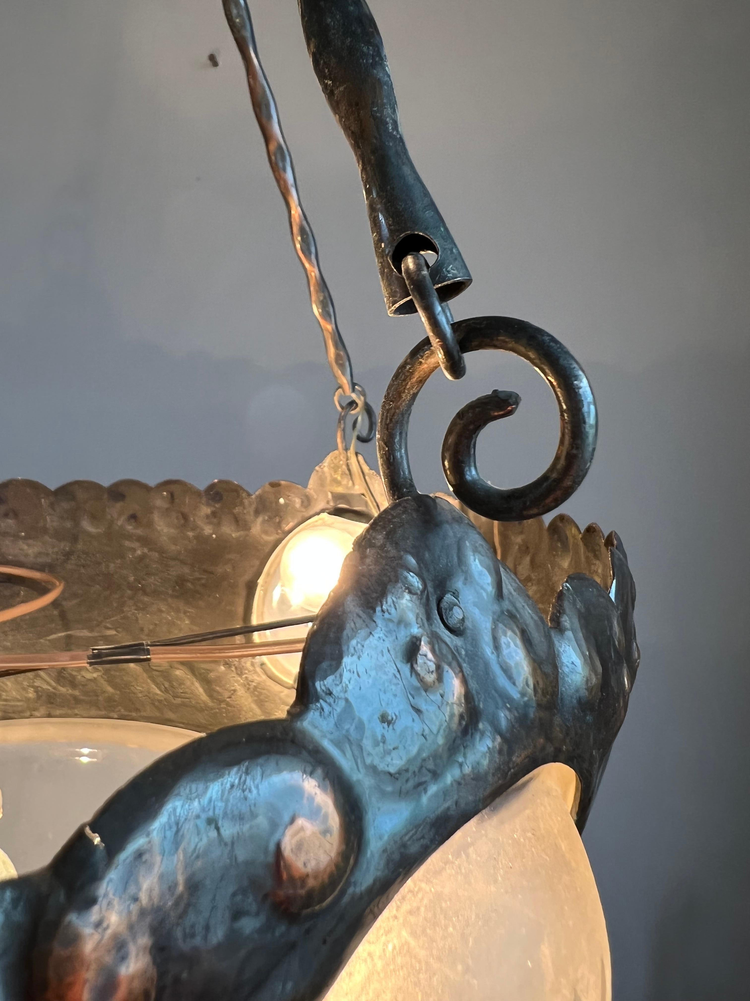 Unique Arts & Crafts Embossed Copper Chandelier w Sea Shore Theme & Glass Shades For Sale 11