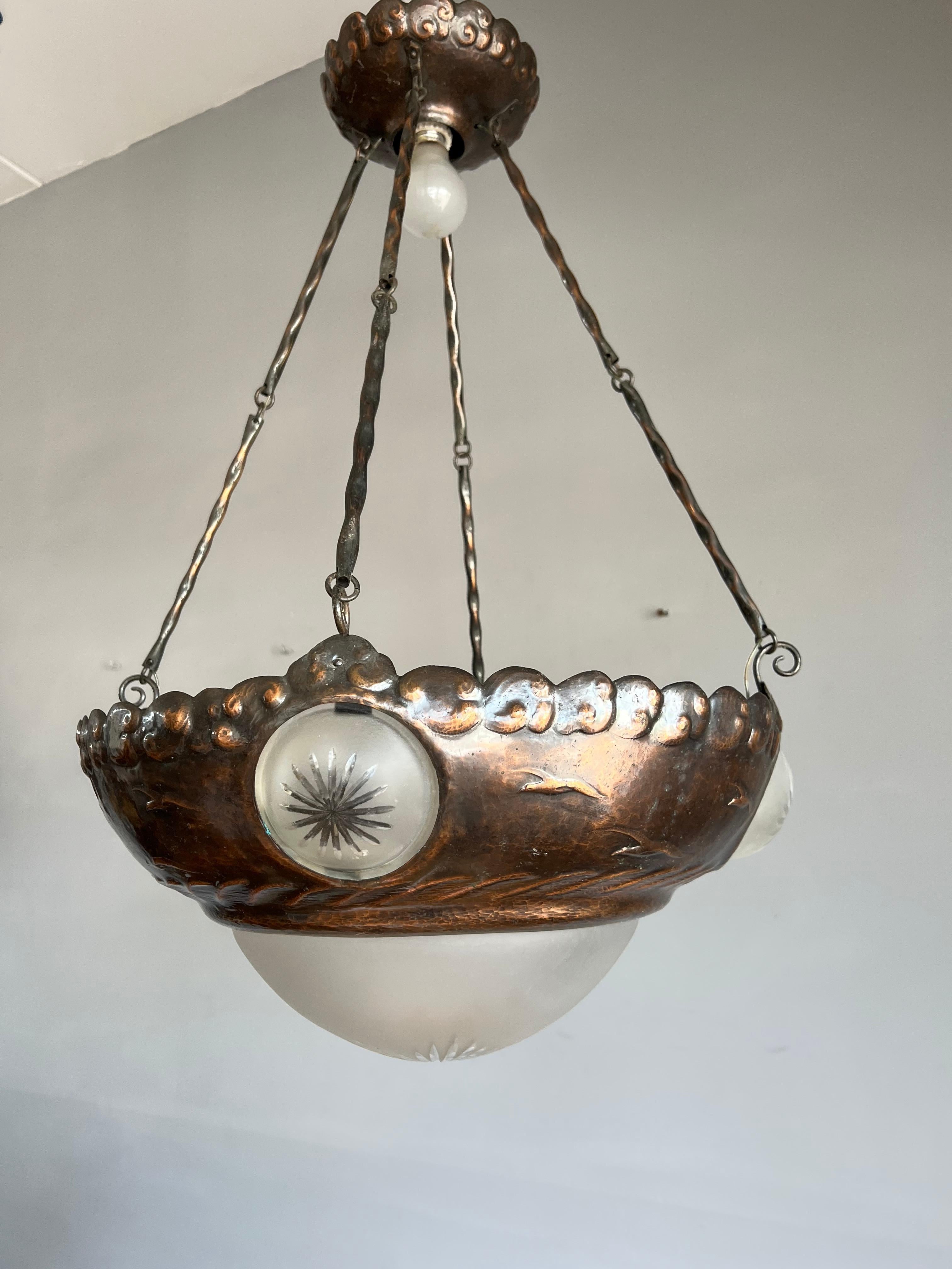 Unique Arts & Crafts Embossed Copper Chandelier w Sea Shore Theme & Glass Shades For Sale 12