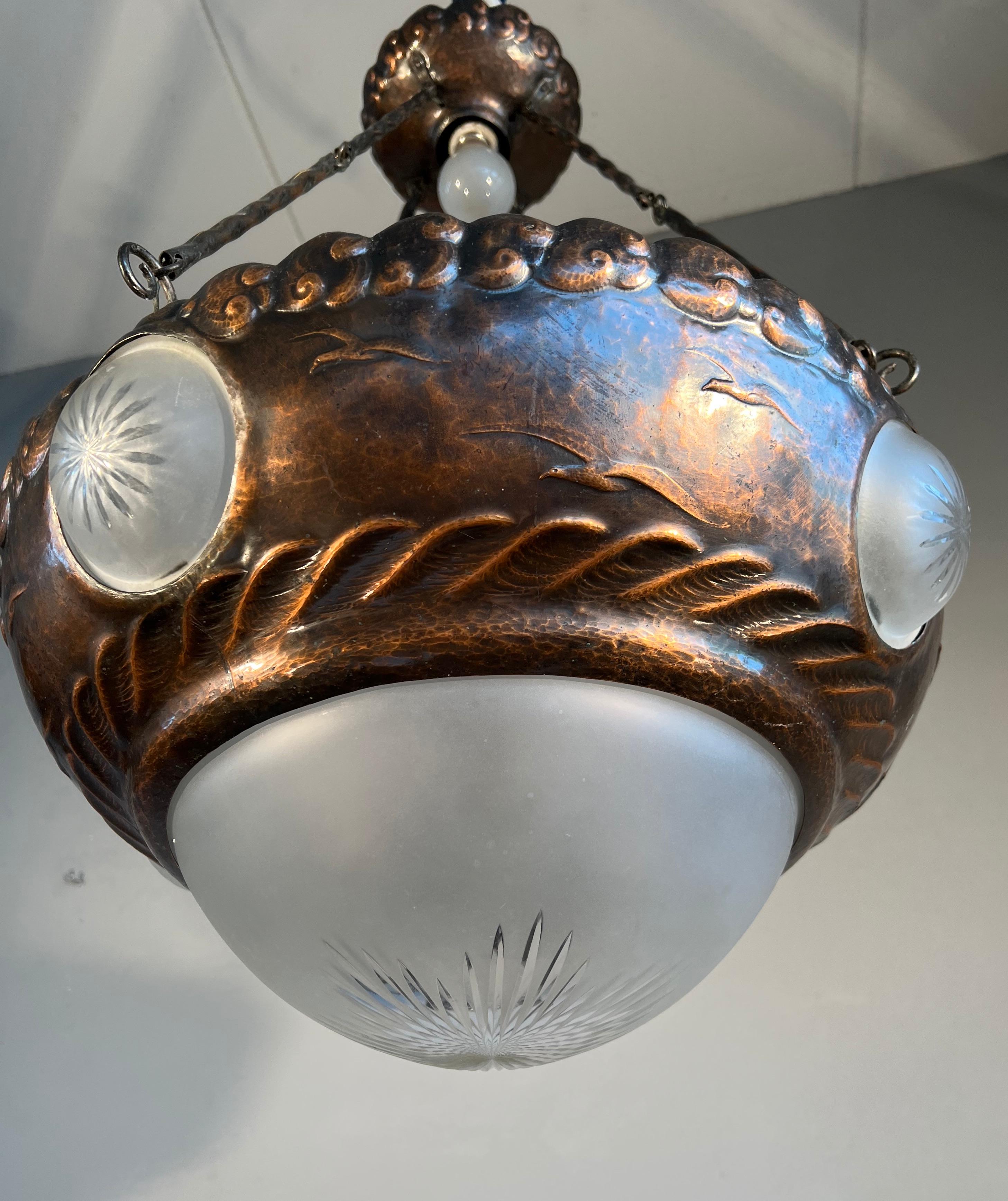 Unique Arts & Crafts Embossed Copper Chandelier w Sea Shore Theme & Glass Shades For Sale 13