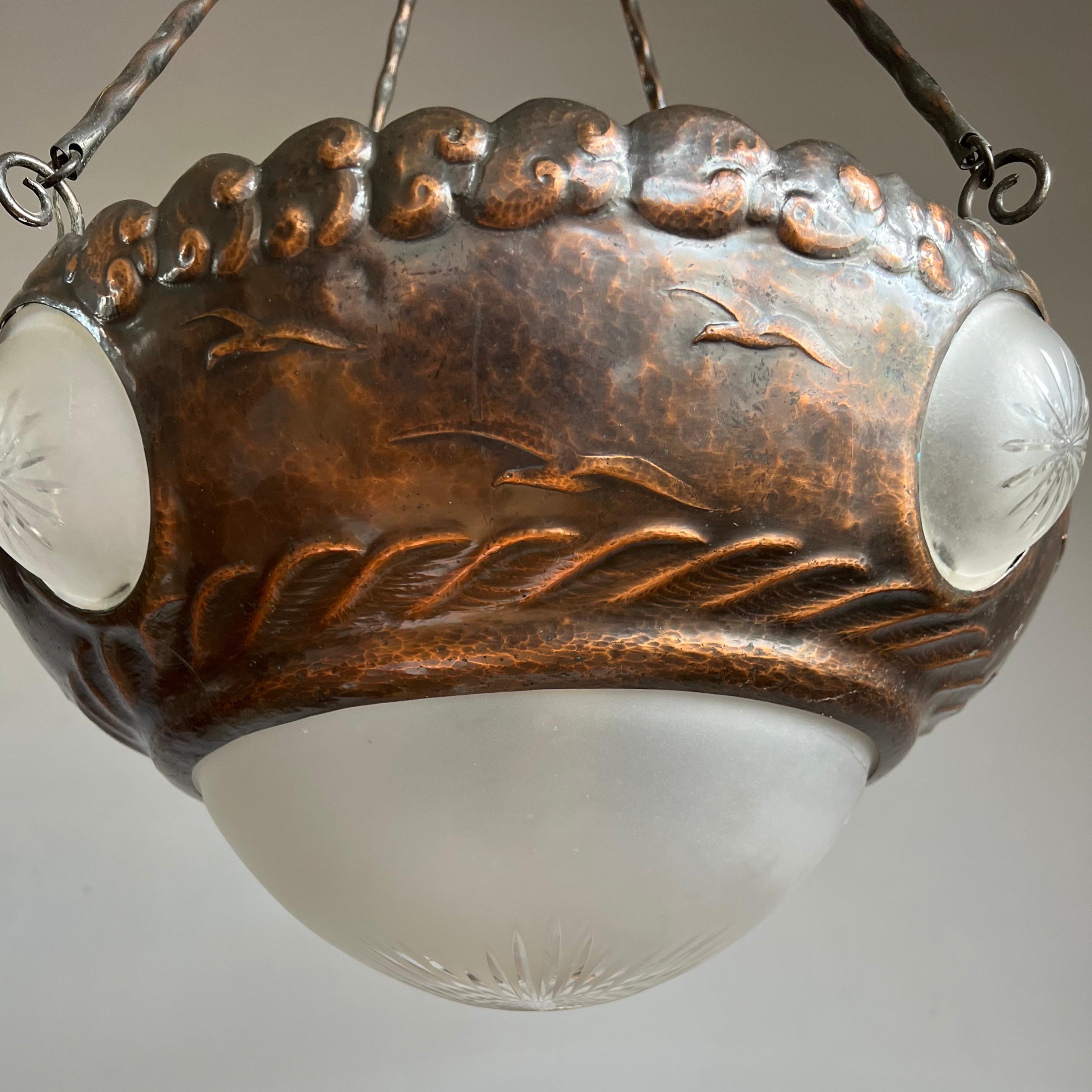 European Unique Arts & Crafts Embossed Copper Chandelier w Sea Shore Theme & Glass Shades For Sale