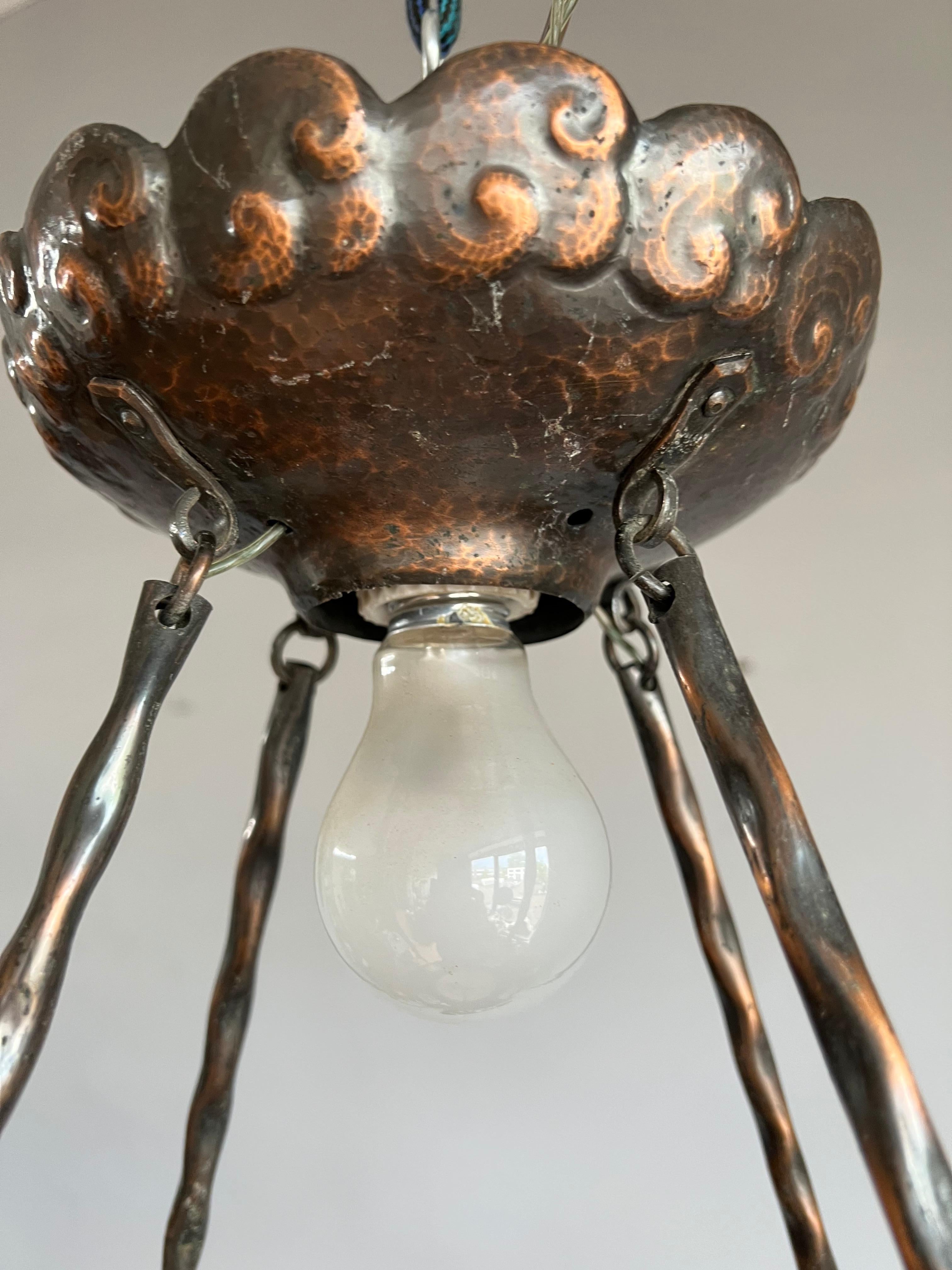20th Century Unique Arts & Crafts Embossed Copper Chandelier w Sea Shore Theme & Glass Shades For Sale