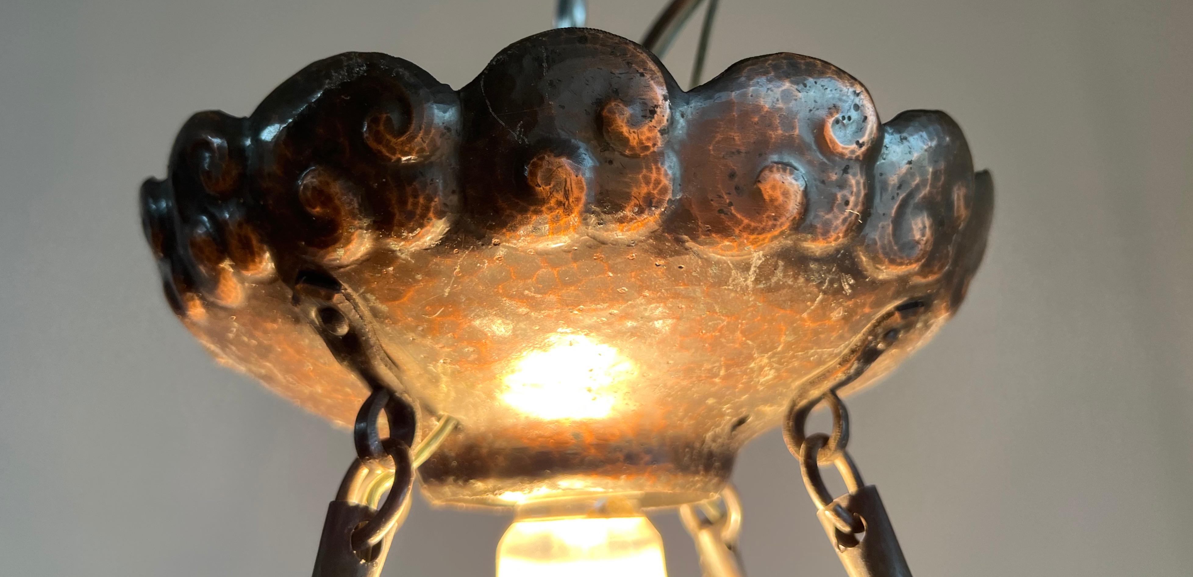Unique Arts & Crafts Embossed Copper Chandelier w Sea Shore Theme & Glass Shades For Sale 1