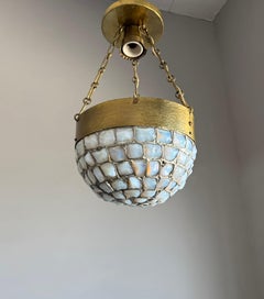 Unique Arts & Crafts Hammered Brass & Opaline Glass Mosaic Pendant Light, 1920s