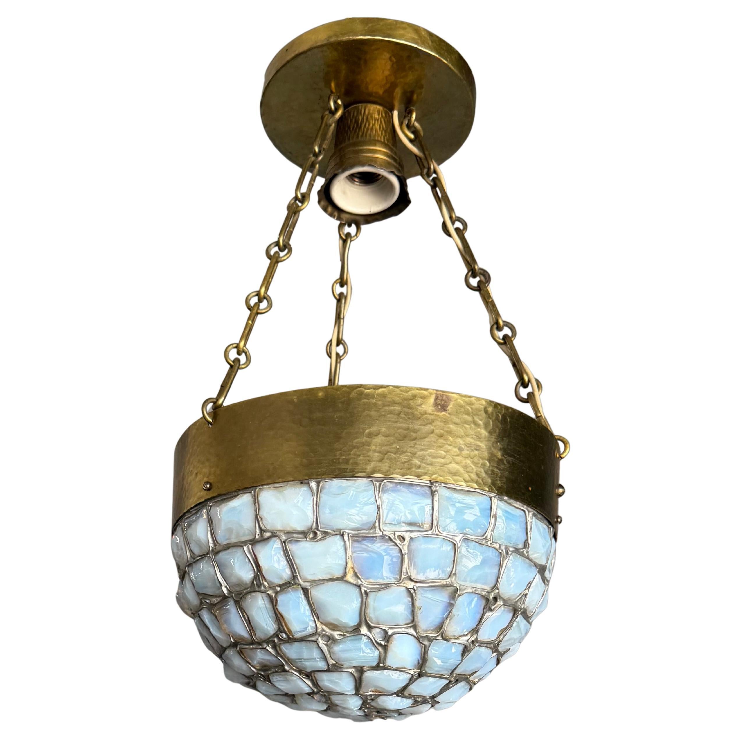 Unique Arts & Crafts Hammered Brass & Opaline Glass Mosaic Pendant Light, 1920s