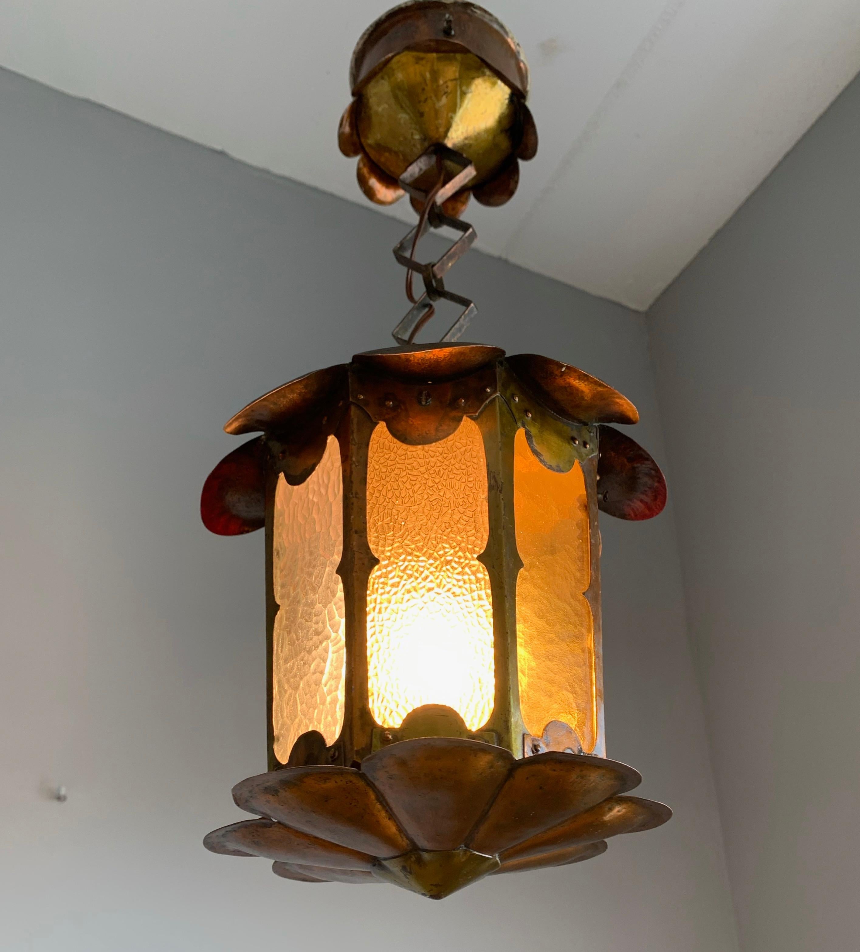 Unique Arts & Crafts Patinated Copper & Cathedral Glass Pendant Light / Fixture 5