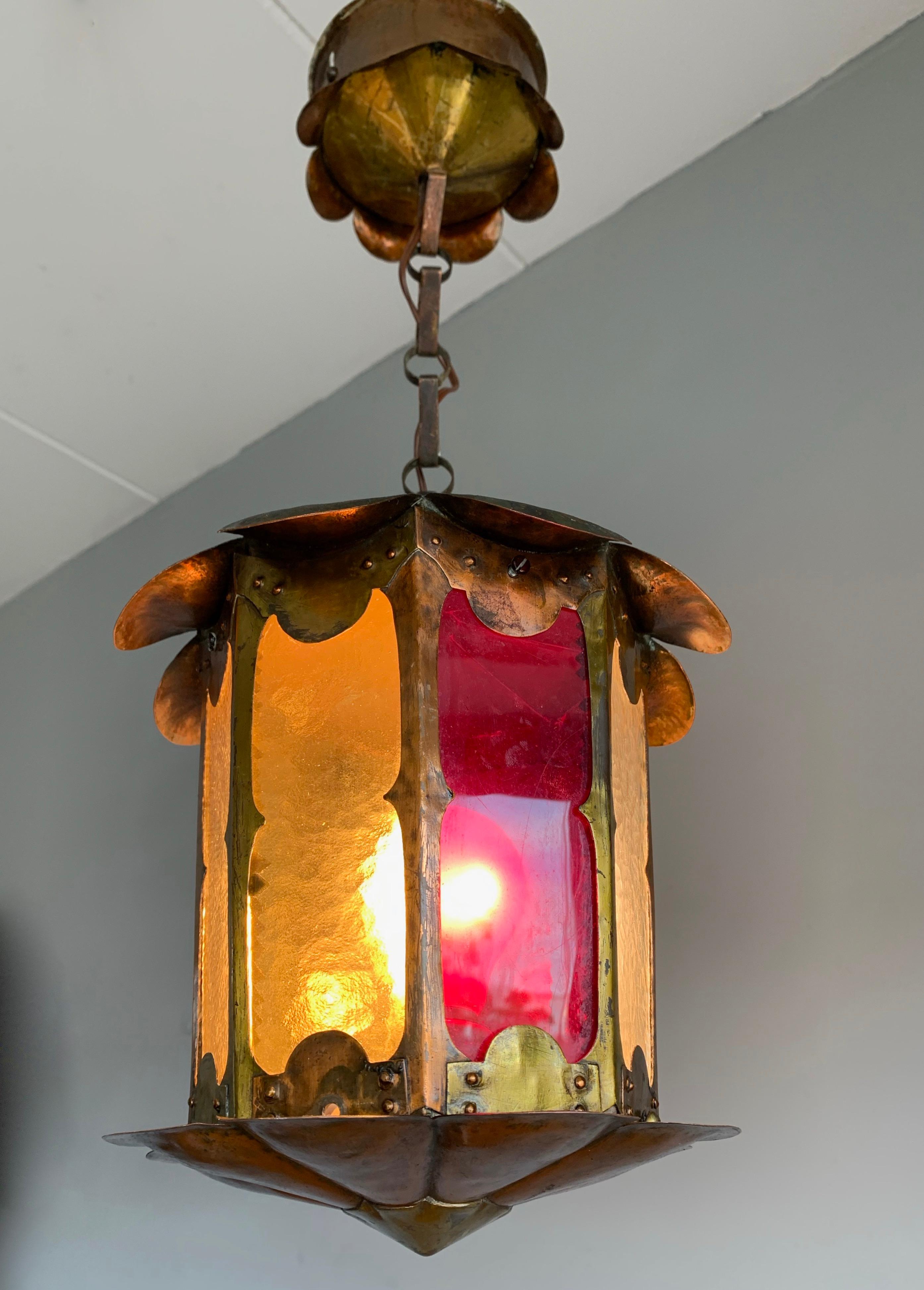 Unique Arts & Crafts Patinated Copper & Cathedral Glass Pendant Light / Fixture 10