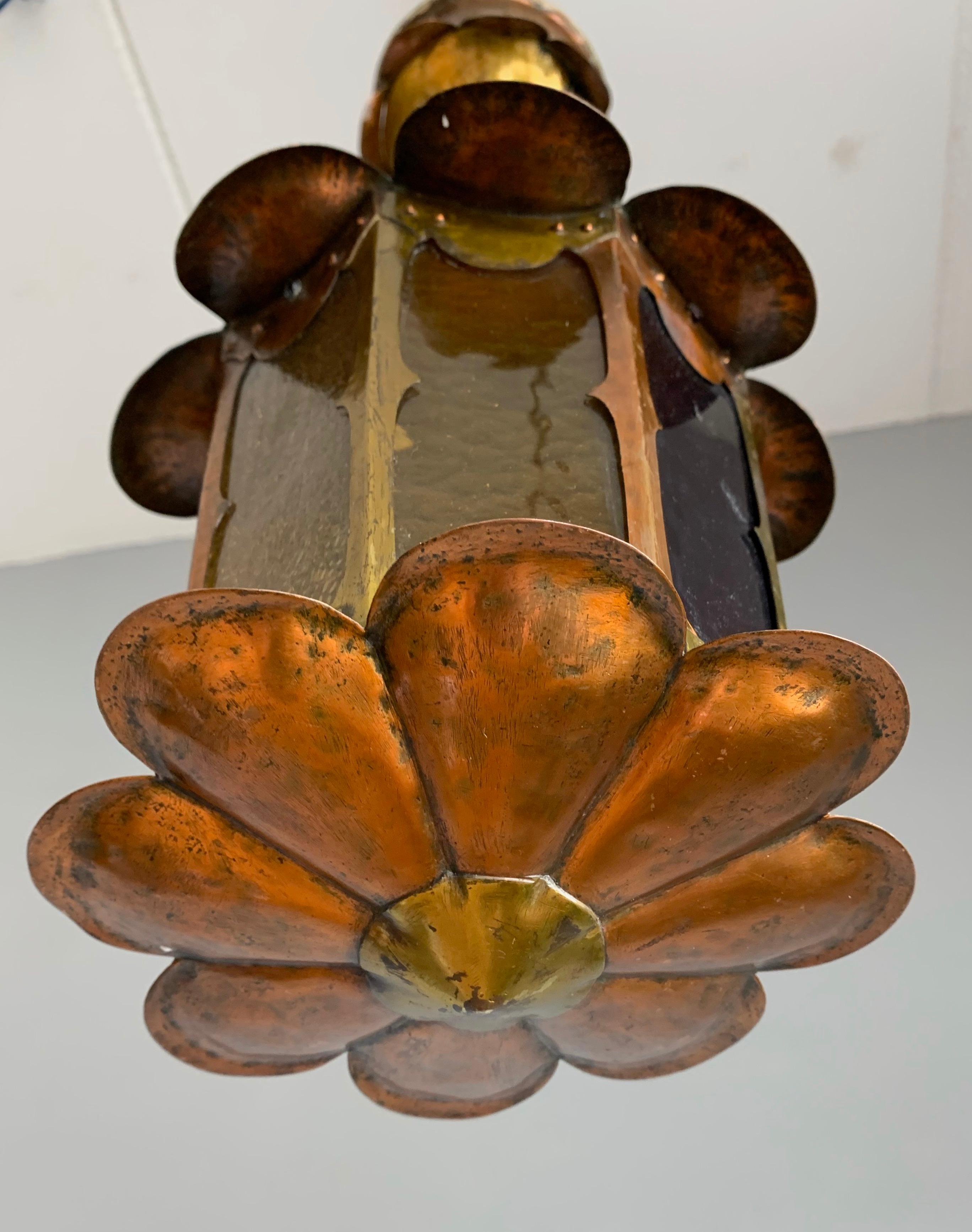 European Unique Arts & Crafts Patinated Copper & Cathedral Glass Pendant Light / Fixture