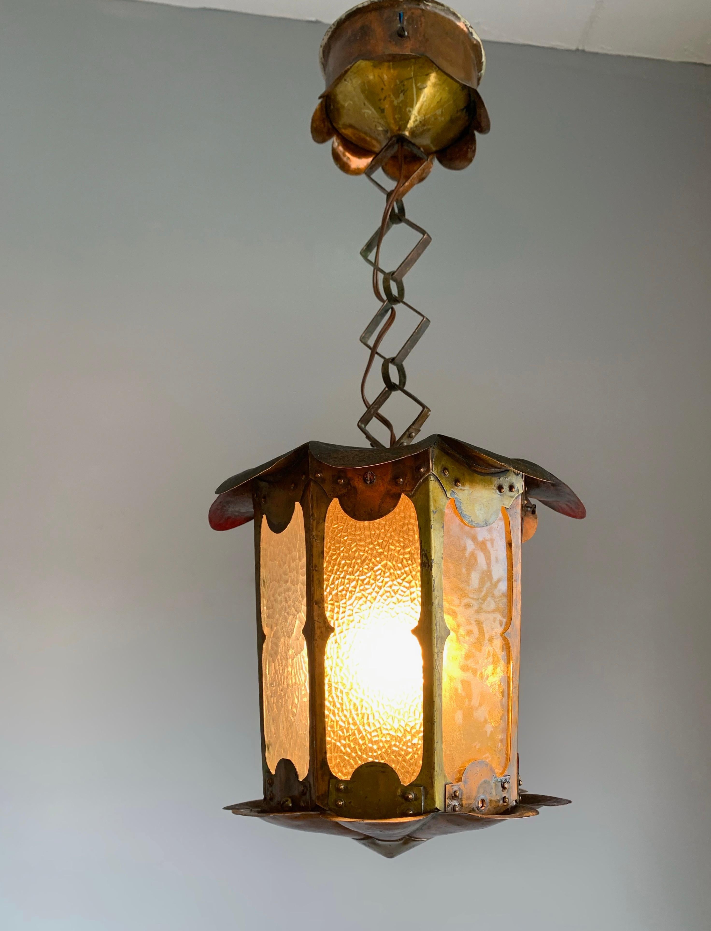 20th Century Unique Arts & Crafts Patinated Copper & Cathedral Glass Pendant Light / Fixture